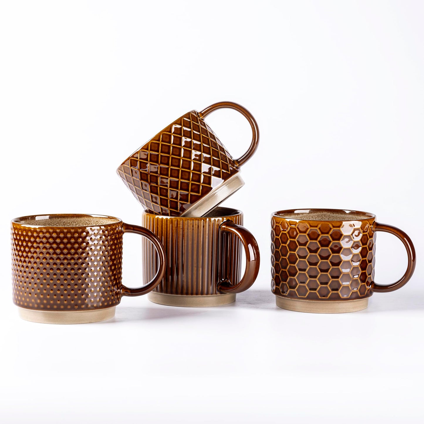 GBHOME 12 OZ Stackable Coffee Mugs, Ceramic Coffee Cups with Texture Patterns for Man,Woman,Dad,Mom, Modern Mugs Set of 4 for Latte/Cappuccino/Cocoa. Dishwasher&Microwave Safe