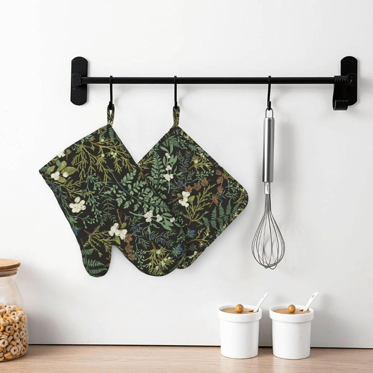 Botanical Print Floral Oven Mitts and Pot Holders Set of 4 Silicone Black Sage Green Botanical Print Kitchen Mitten Gloves and Farmhouse Potholders Set Vintage Oven Gloves Hot Holders for BBQ