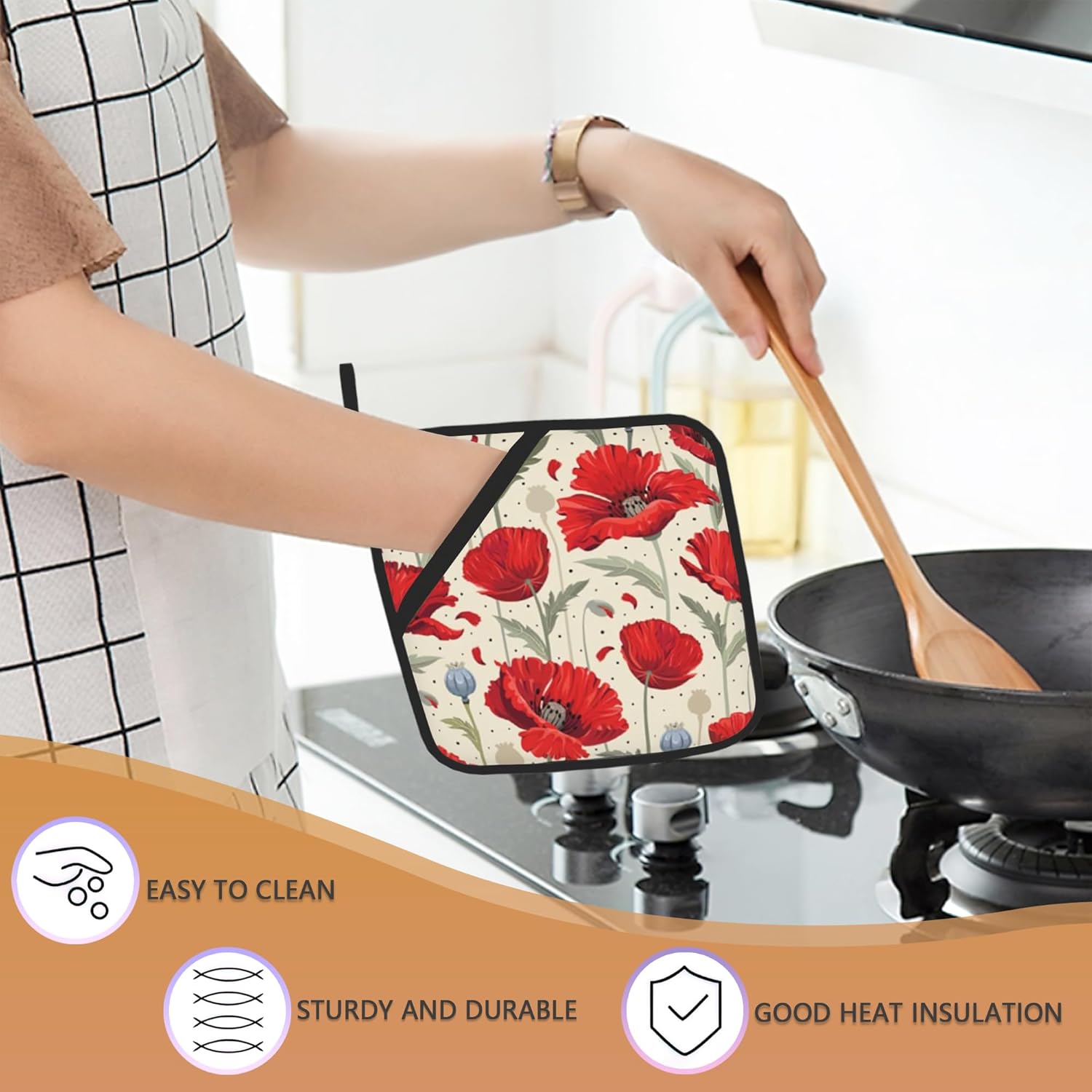 Red Poppy Flowers Pot Holders Set of 2 Heat Resistant Potholders,Fire Oven Hot Pads for Kitchen Cooking Baking Barbecue