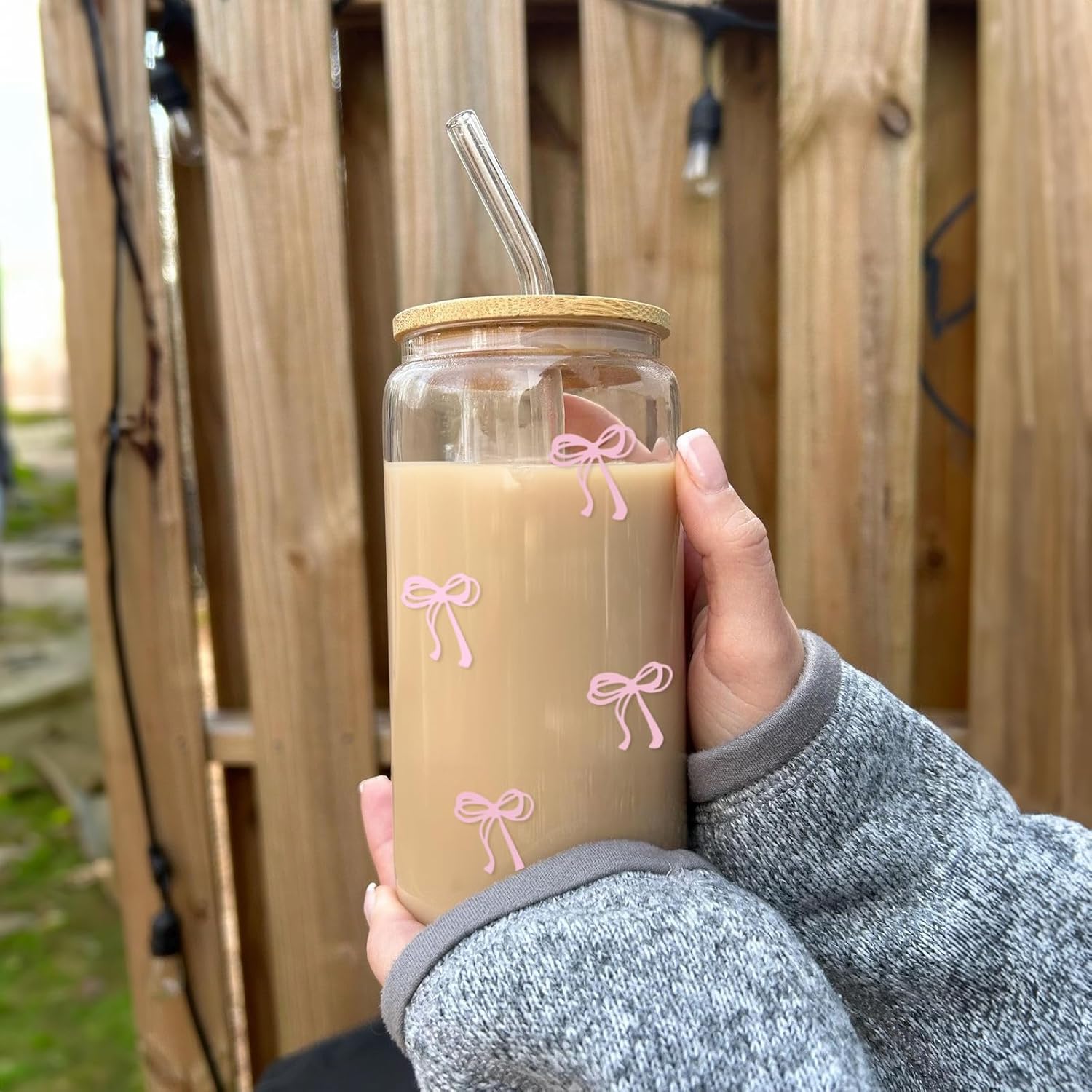 Coquette Aesthetic Glass Cups with Lids and Straws - Pink Bow Iced Coffee Cup Decor, Cute Tumbler Smoothie with Cleaning Brush&Gift Box, Gifts for Girls Women Friends, 16 oz