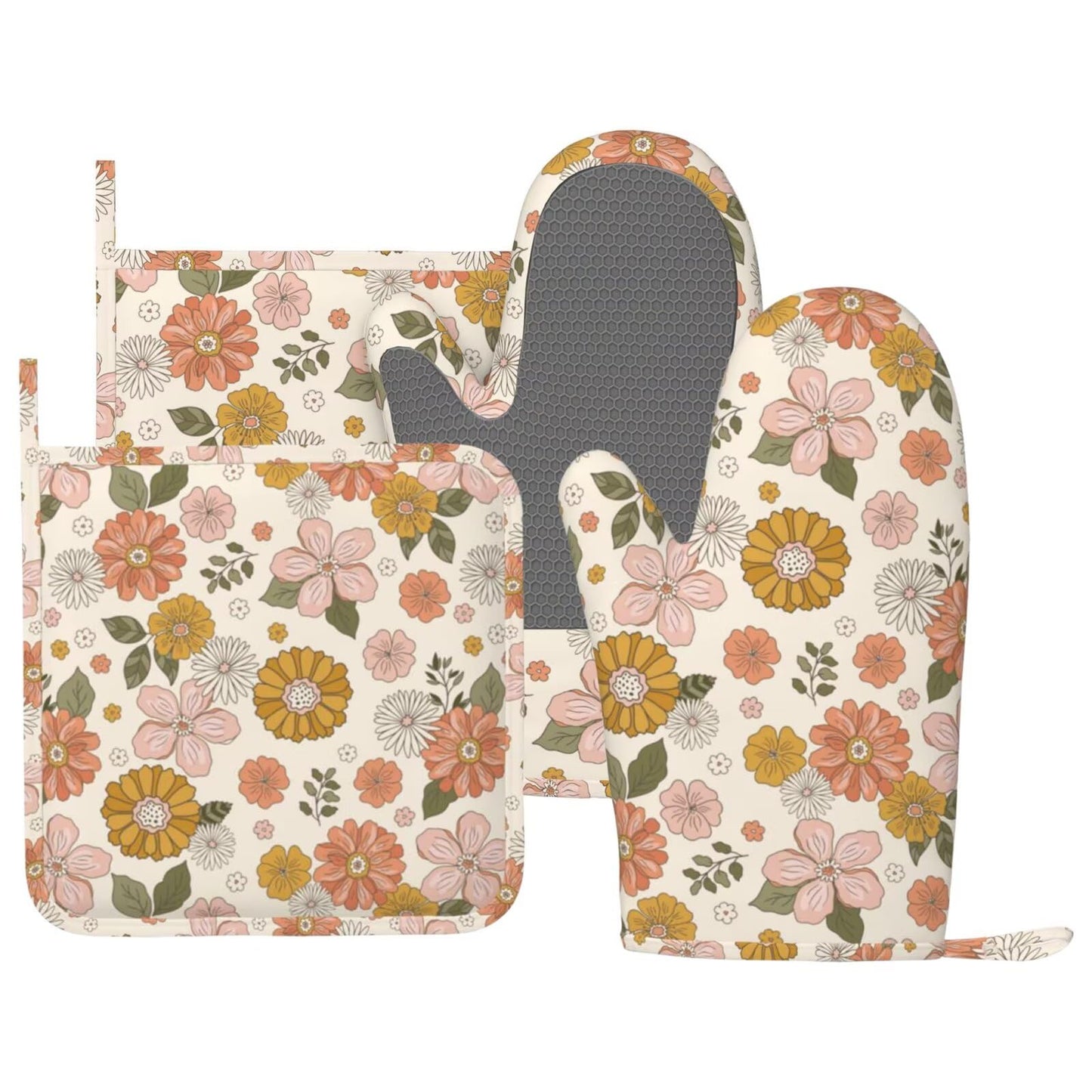 Botanical Print Floral Oven Mitts and Pot Holders Set of 4 Silicone Black Sage Green Botanical Print Kitchen Mitten Gloves and Farmhouse Potholders Set Vintage Oven Gloves Hot Holders for BBQ