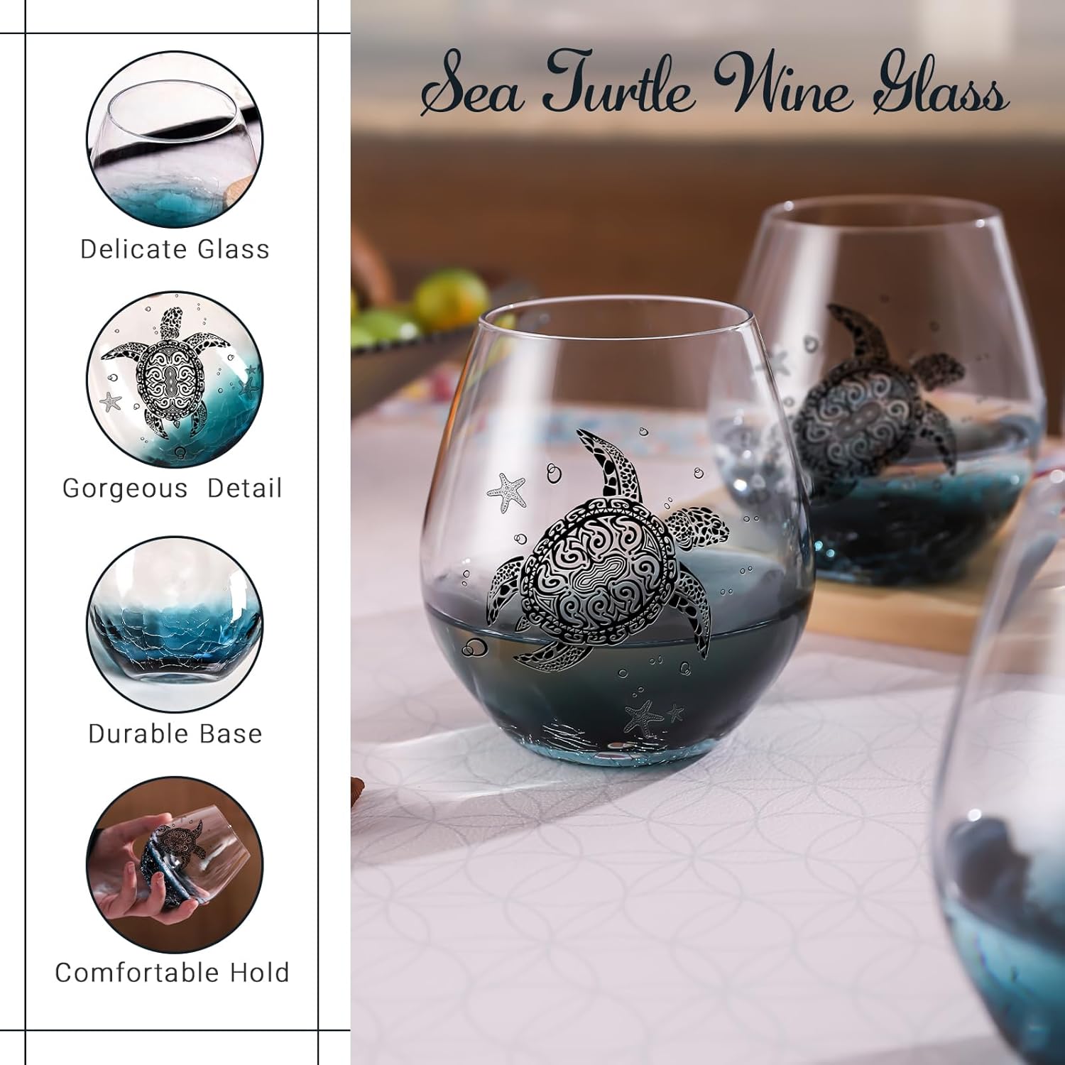 Sea Turtle Wine Glasses Set 2-13.3oz Crackle Teal Design, Hand blown Tortoise Wine Tumbler,Sea Turtle Gifts for Women, Birthday/Housewarming/Christmas Gifts for Seaturtle Lovers(2Count, Black)