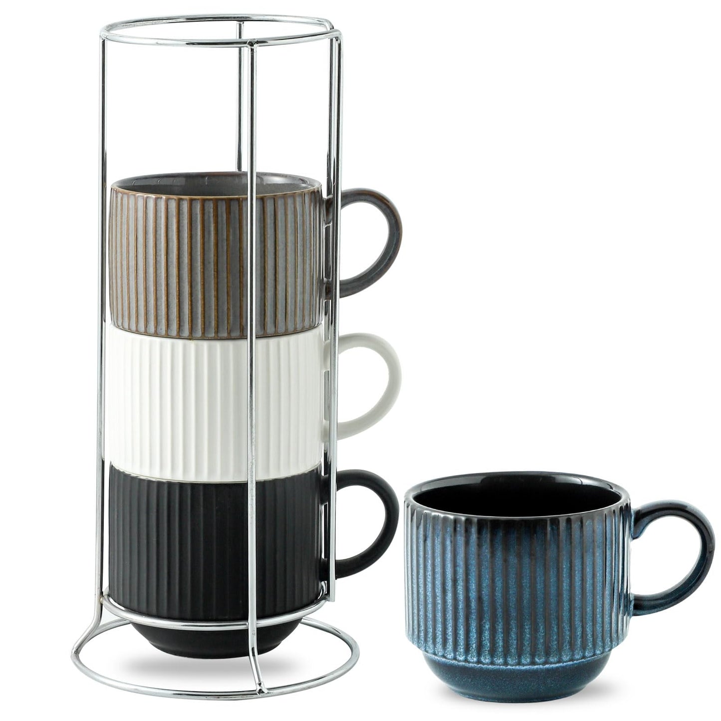 Hasense Coffee Mug Ceramic Set of 2 with Stand - 15 oz Stackable Coffee Cups for Wedding & Housewarming Gifts - Microwave Dishwasher Safe, Navy Blue