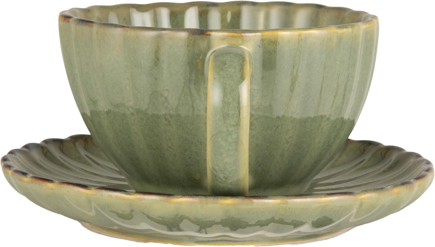 Creative Co-Op 10-Ounce Stoneware Ribbed Mug with Saucer in Reactive Glaze, Sage Green