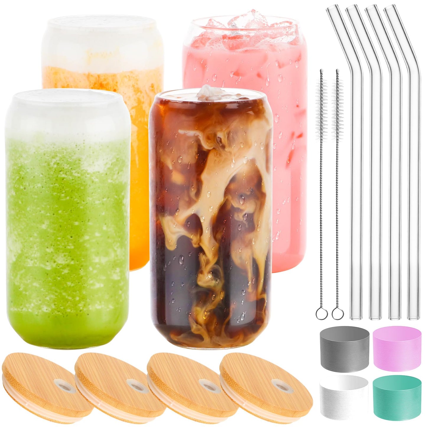 1 Pack Glass Cup, 16oz Drinking Glass with Bamboo Lid and Straw, Beer Tumbler for Mojito Soda Smoothies Whiskey Iced Coffee Cocktail Tea Juice