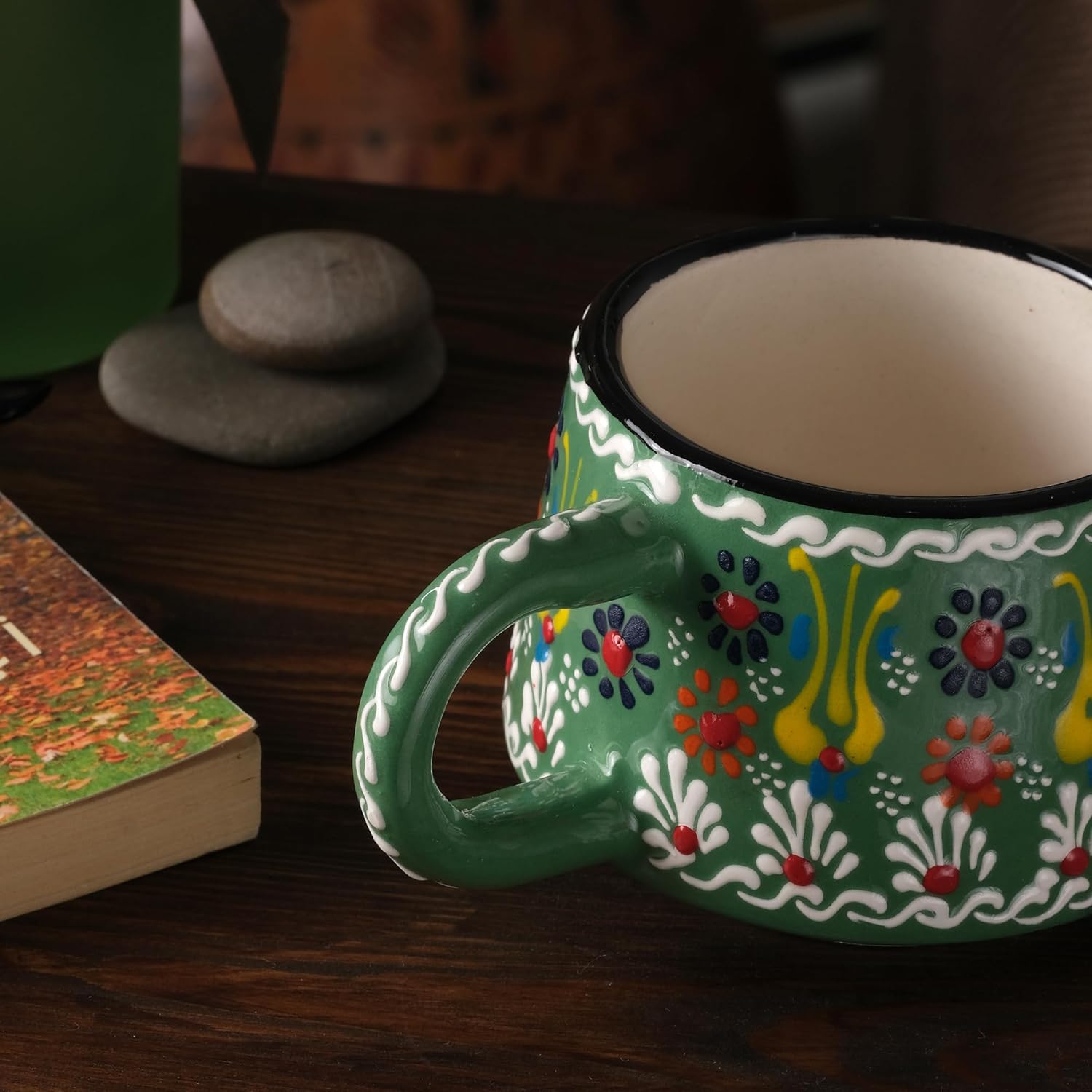 BCS 6 Oz Cappuccino Cups Set of 2, Ceramic Coffee & Tea Mugs, Colorful Handmade Cups, Dishwasher & Microwave Safe Ceramic Mugs (3 Inches, Orange - Green)