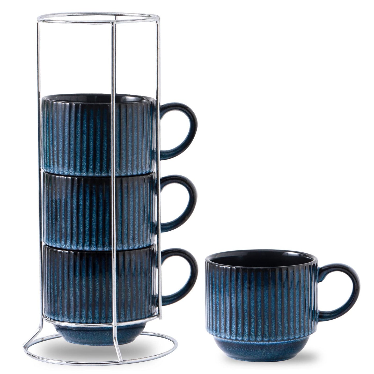 Hasense Coffee Mug Ceramic Set of 2 with Stand - 15 oz Stackable Coffee Cups for Wedding & Housewarming Gifts - Microwave Dishwasher Safe, Navy Blue