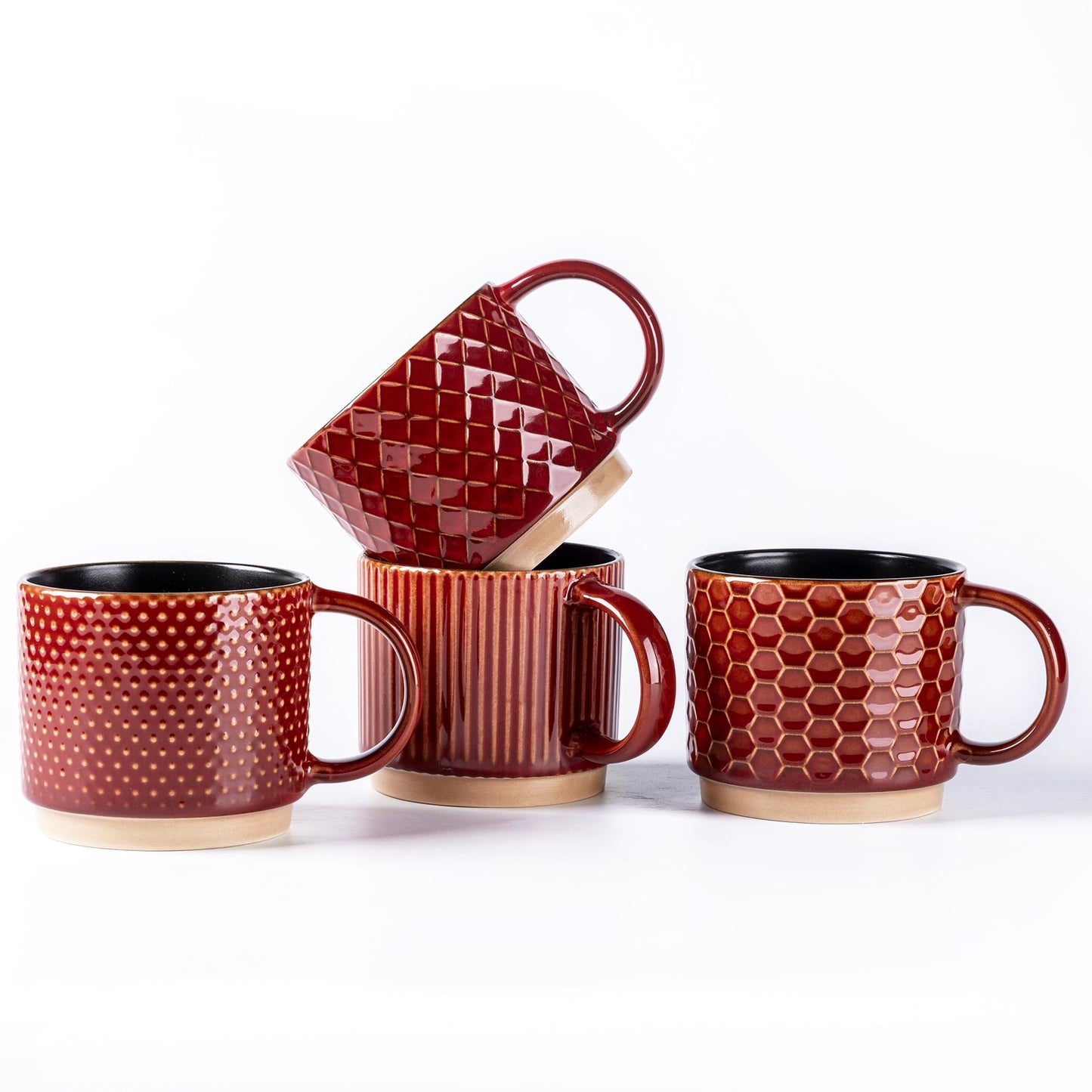 GBHOME 12 OZ Stackable Coffee Mugs, Ceramic Coffee Cups with Texture Patterns for Man,Woman,Dad,Mom, Modern Mugs Set of 4 for Latte/Cappuccino/Cocoa. Dishwasher&Microwave Safe