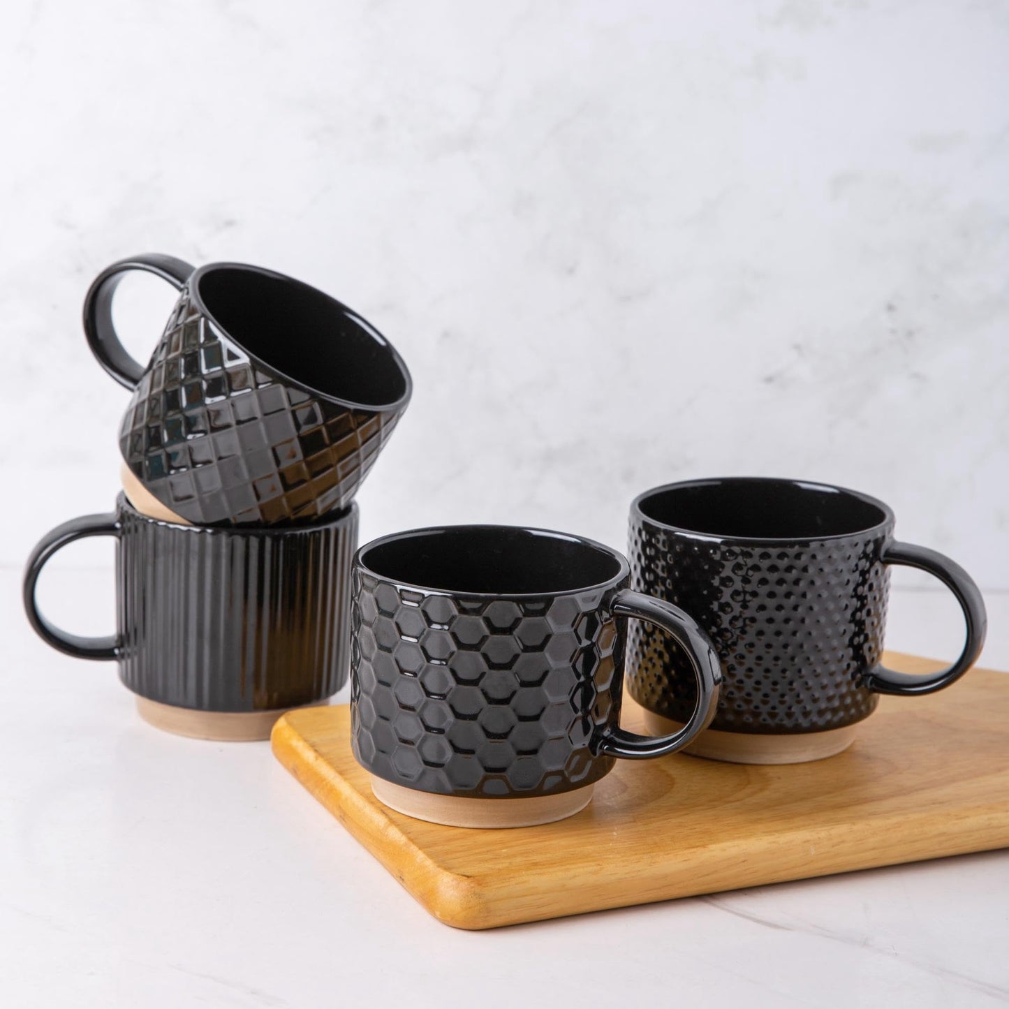 GBHOME 12 OZ Stackable Coffee Mugs, Ceramic Coffee Cups with Texture Patterns for Man,Woman,Dad,Mom, Modern Mugs Set of 4 for Latte/Cappuccino/Cocoa. Dishwasher&Microwave Safe