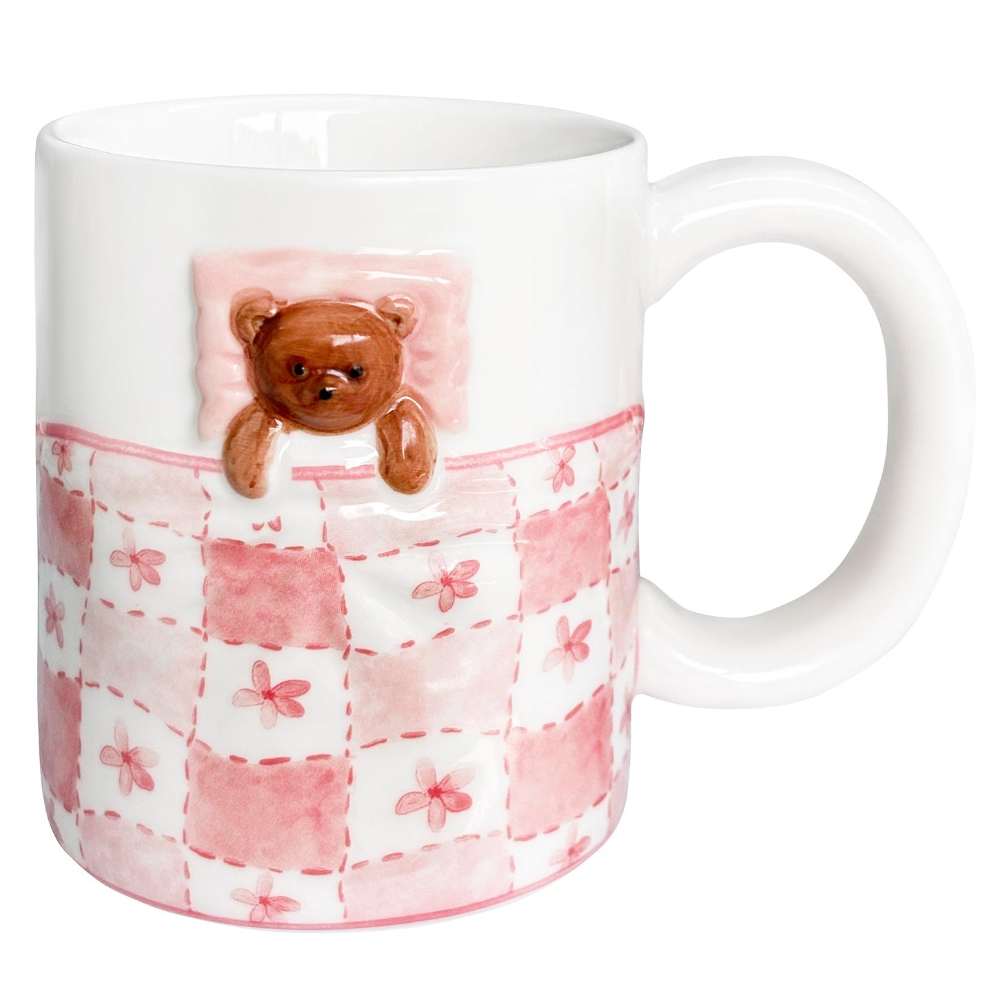 Cute Pink Mug with 3D Cartoon Bear, 12oz Handmade Ceramic Coffee Mugs for Women Girls, Novelty Porcelain Cups for Office & Home
