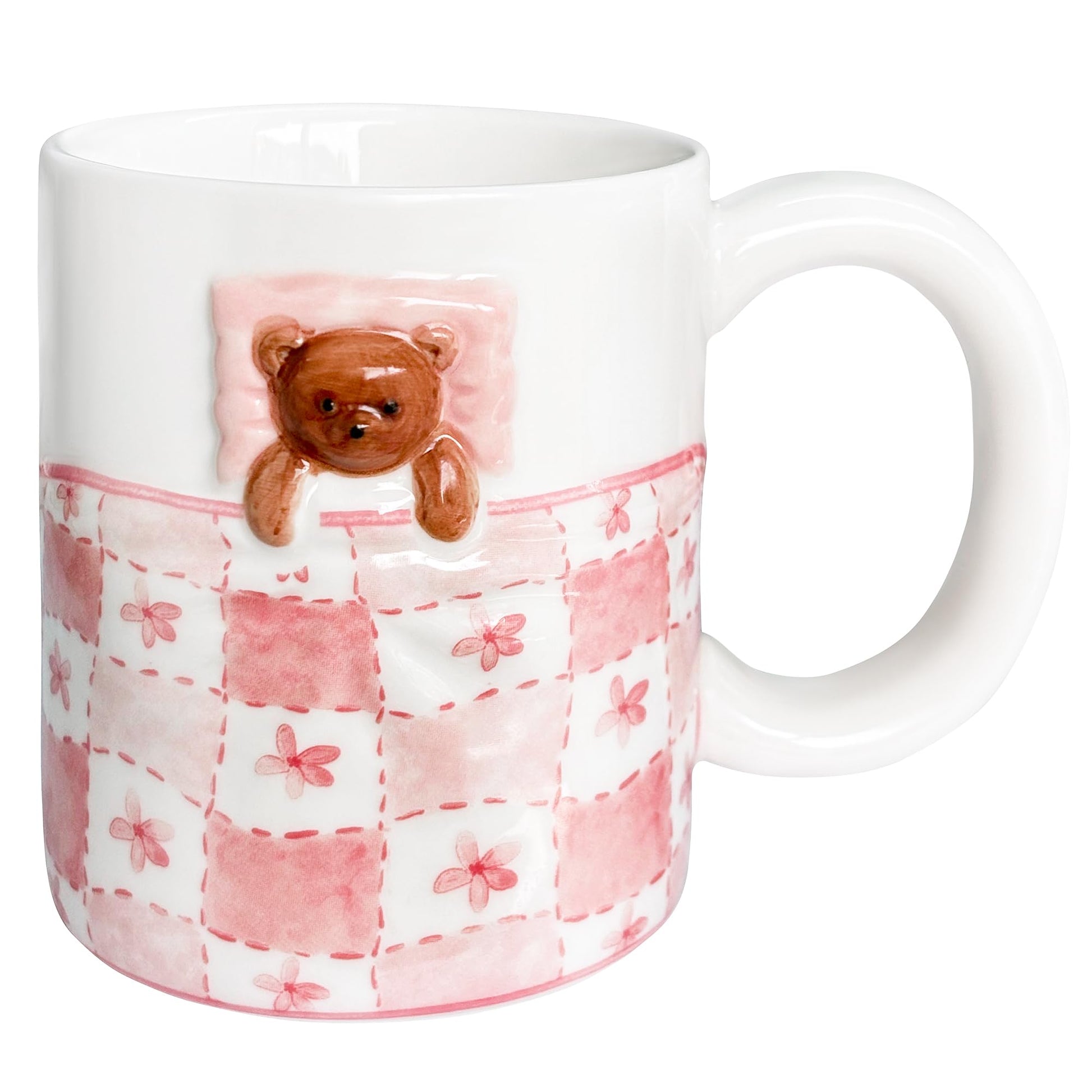 Cute Pink Mug with 3D Cartoon Bear, 12oz Handmade Ceramic Coffee Mugs for Women Girls, Novelty Porcelain Cups for Office & Home
