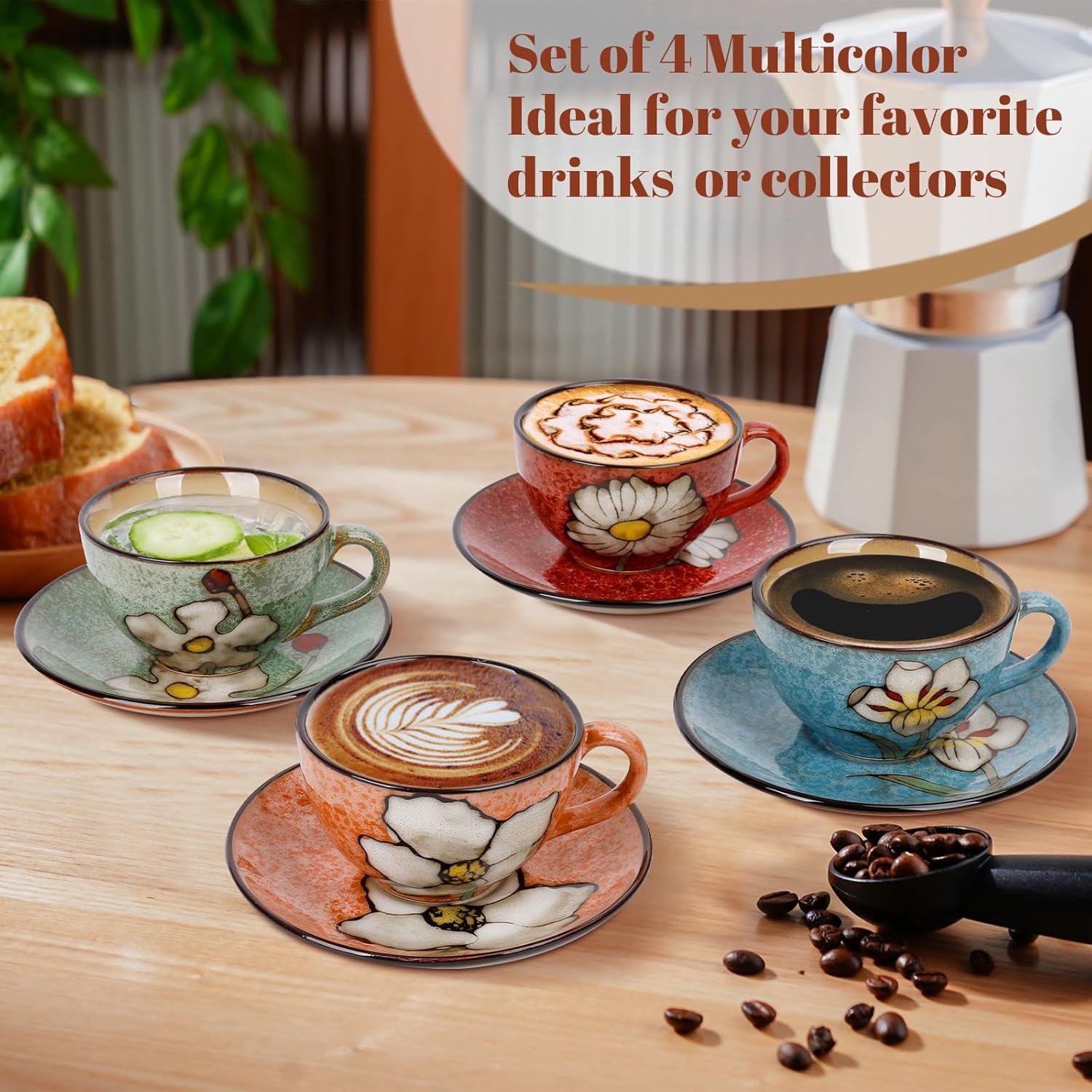 Cappuccino Cups Set of 4, 8 Oz Ceramic Coffee Cups with Saucers for Espresso, Tea, Latte – Hand-Painted Porcelain Underglaze Design