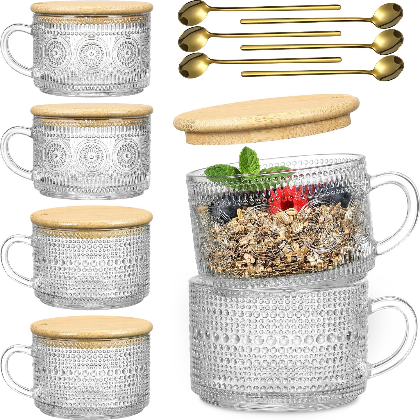 4pcs Set Vintage Coffee Mugs gifts for women, Overnight Oats Containers with Bamboo Lids and Spoons - 14oz Clear Embossed Glass Cups, Cute Coffee Bar Accessories, Iced Coffee Glasses