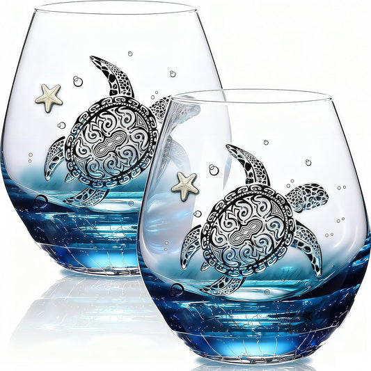 Sea Turtle Wine Glasses Set 2-13.3oz Crackle Teal Design, Hand blown Tortoise Wine Tumbler,Sea Turtle Gifts for Women, Birthday/Housewarming/Christmas Gifts for Seaturtle Lovers(2Count, Black)