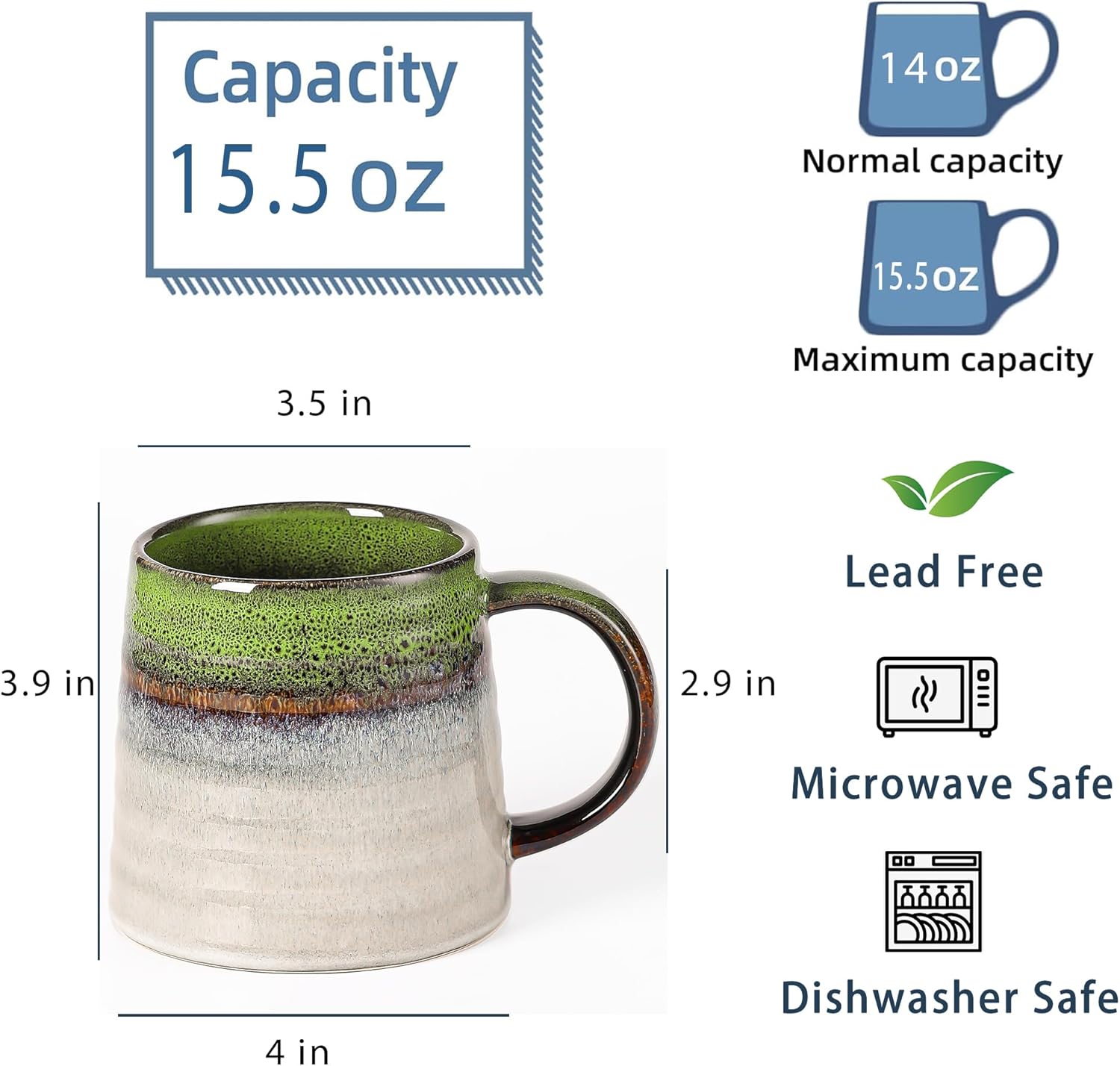 Large Ceramic Coffee Mug, Handmade Pottery Mugs, Tea Cups with Big Handle for Office and Home, 15.5 oz, Dishwasher and Microwave Safe (Spring Green)