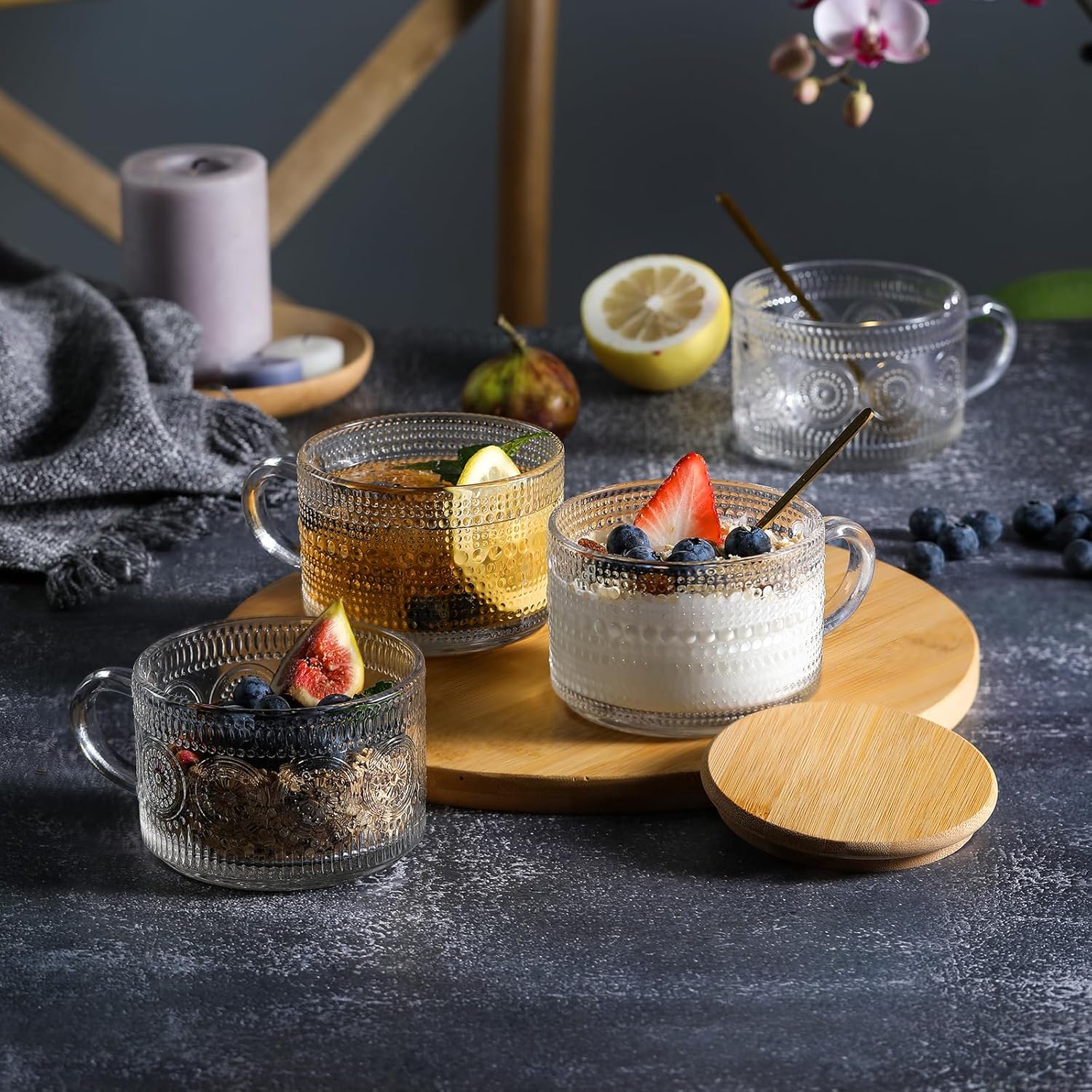 4pcs Set Vintage Coffee Mugs gifts for women, Overnight Oats Containers with Bamboo Lids and Spoons - 14oz Clear Embossed Glass Cups, Cute Coffee Bar Accessories, Iced Coffee Glasses