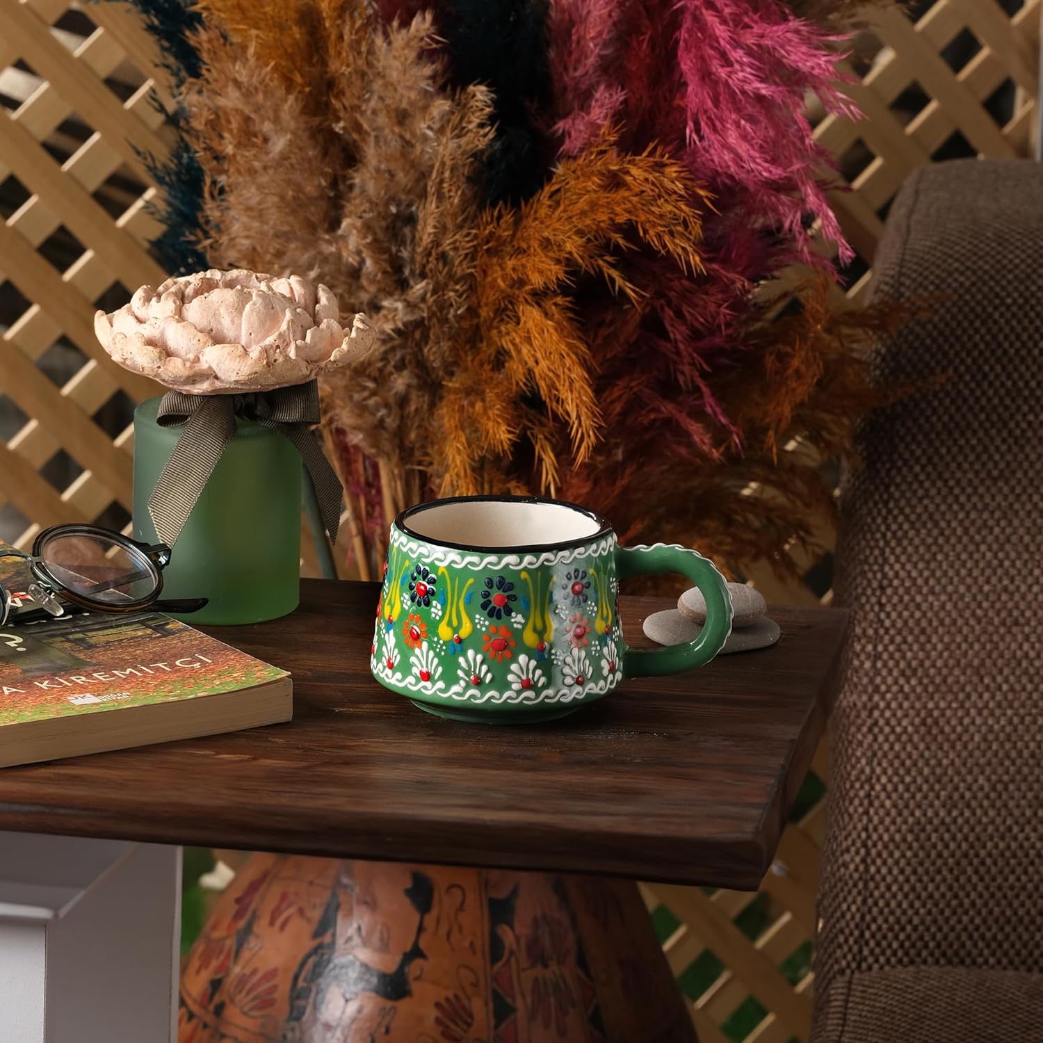BCS 6 Oz Cappuccino Cups Set of 2, Ceramic Coffee & Tea Mugs, Colorful Handmade Cups, Dishwasher & Microwave Safe Ceramic Mugs (3 Inches, Orange - Green)