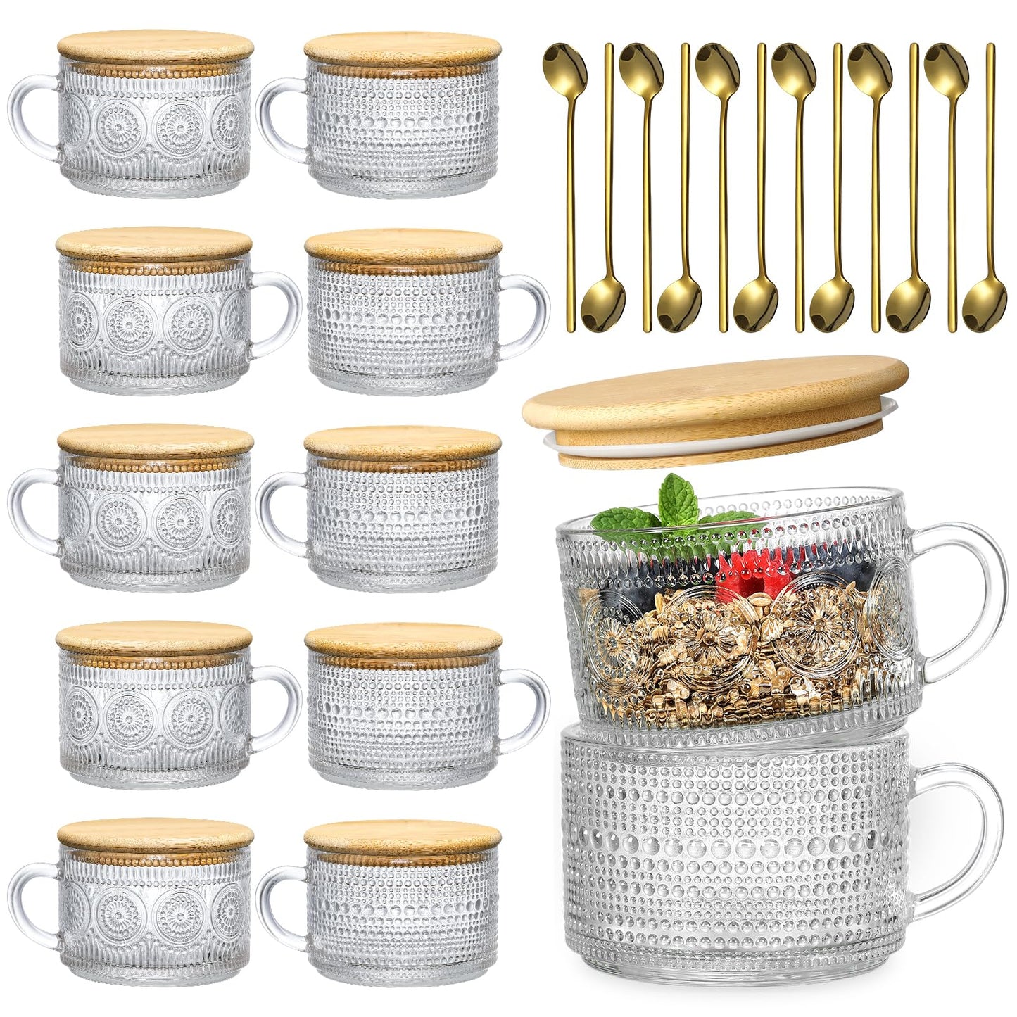 4pcs Set Vintage Coffee Mugs gifts for women, Overnight Oats Containers with Bamboo Lids and Spoons - 14oz Clear Embossed Glass Cups, Cute Coffee Bar Accessories, Iced Coffee Glasses