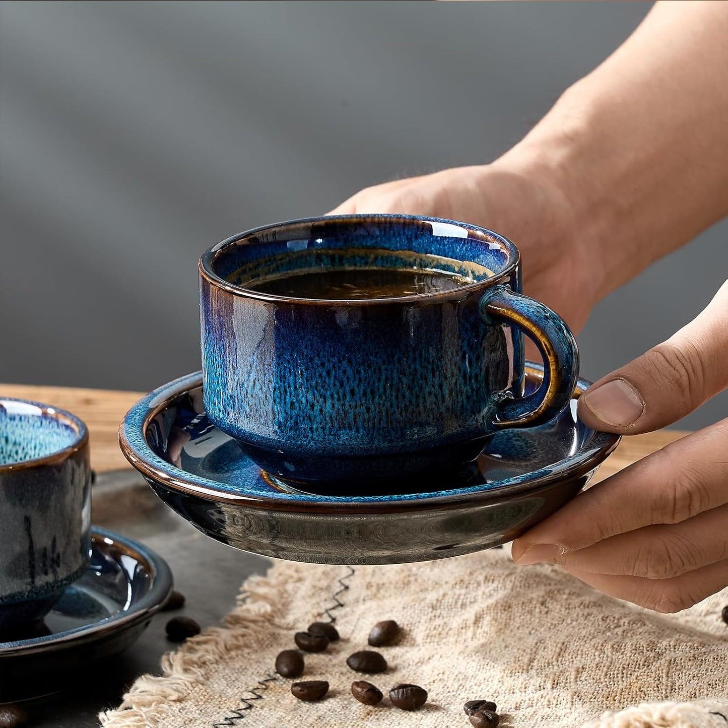 JIEMEI HOME Porcelain Stackable Cappuccino Cups with Saucers and Metal Stand, 7 Ounce Espresso Cups for Latte Coffee Cafe, Specialty Coffee Drinks, Cappuccino and Tea - Set of 4, Deep Blue