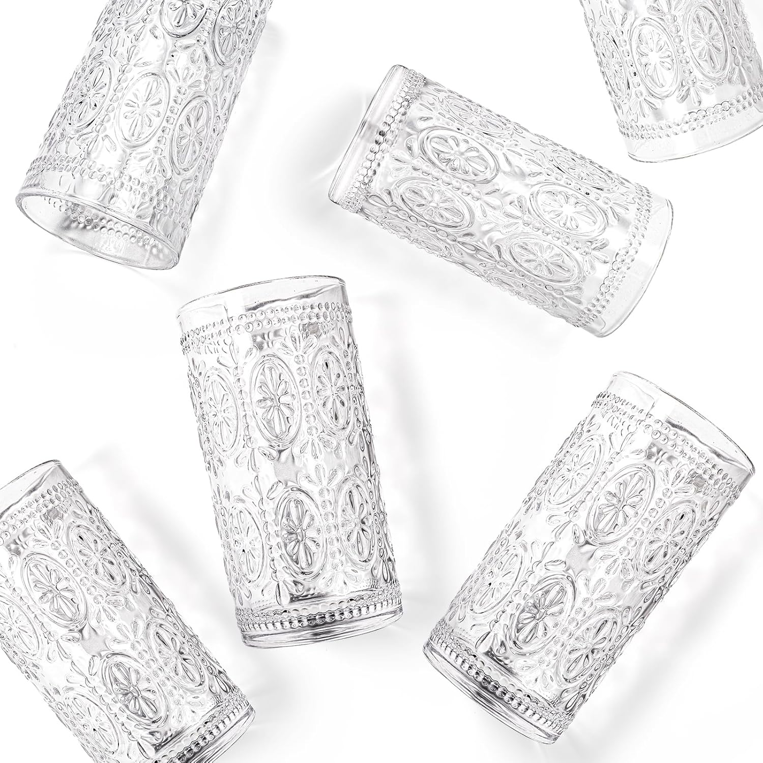 Bekith 6 Pack 12 oz Romantic Water Glasses, Premium Drinking Glasses Tumblers for Beverages, Beer, Refreshments, Vintage Glassware Set for Dinner Parties, Bars, Restaurants