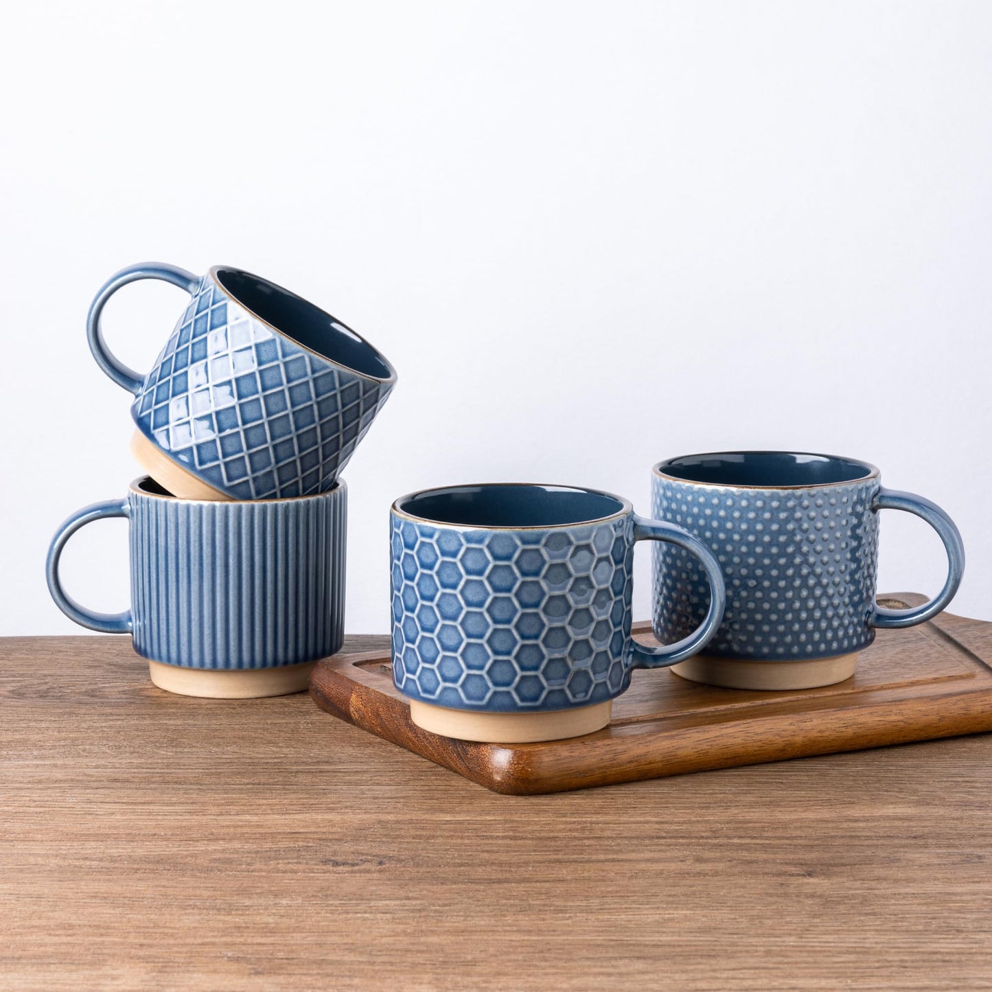 GBHOME 12 OZ Stackable Coffee Mugs, Ceramic Coffee Cups with Texture Patterns for Man,Woman,Dad,Mom, Modern Mugs Set of 4 for Latte/Cappuccino/Cocoa. Dishwasher&Microwave Safe