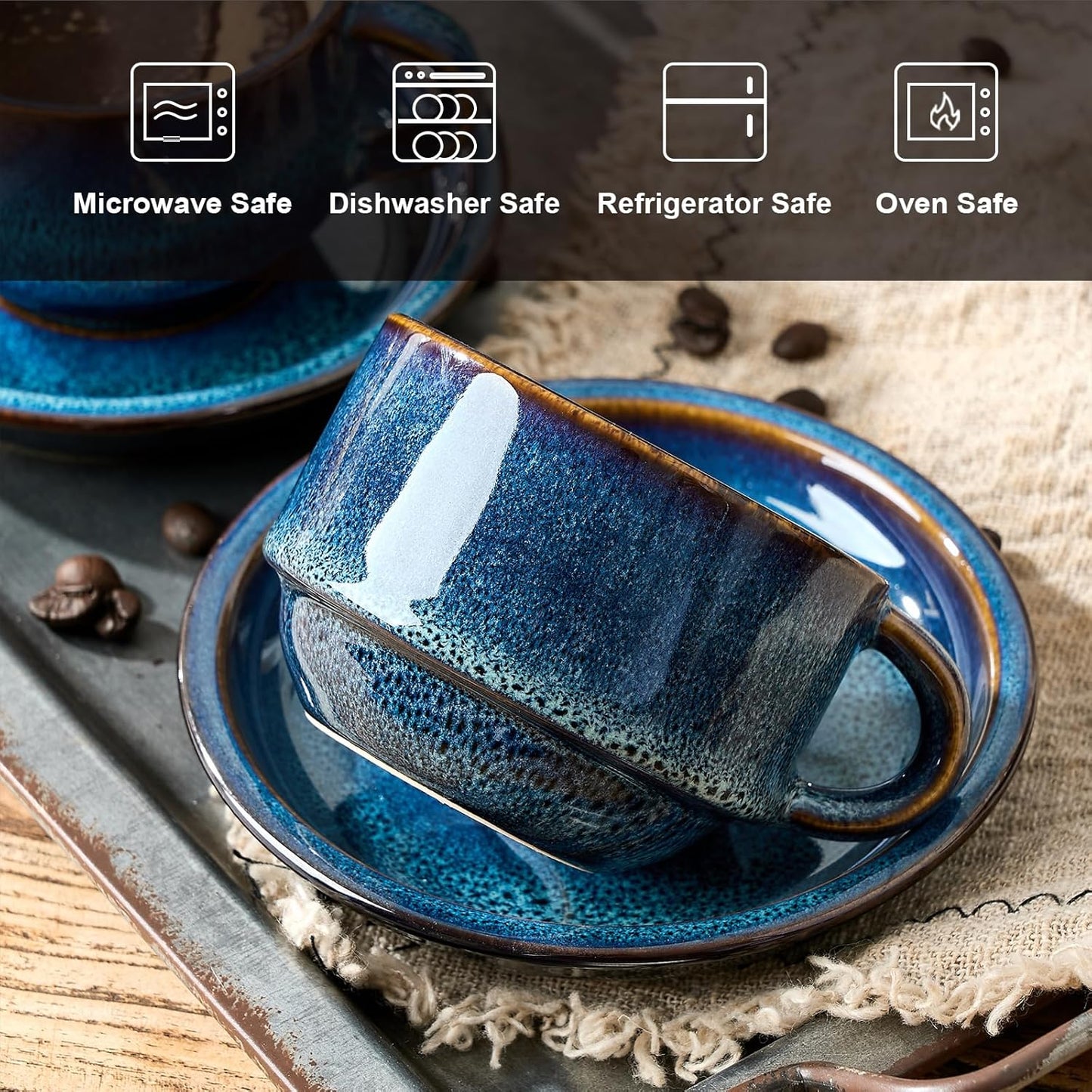 JIEMEI HOME Porcelain Stackable Cappuccino Cups with Saucers and Metal Stand, 7 Ounce Espresso Cups for Latte Coffee Cafe, Specialty Coffee Drinks, Cappuccino and Tea - Set of 4, Deep Blue