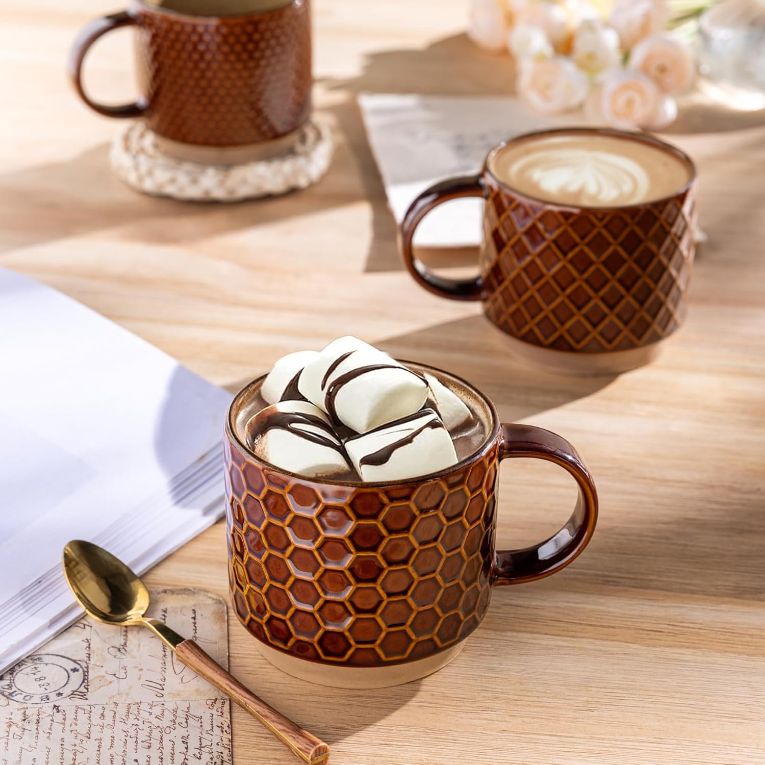 GBHOME 12 OZ Stackable Coffee Mugs, Ceramic Coffee Cups with Texture Patterns for Man,Woman,Dad,Mom, Modern Mugs Set of 4 for Latte/Cappuccino/Cocoa. Dishwasher&Microwave Safe