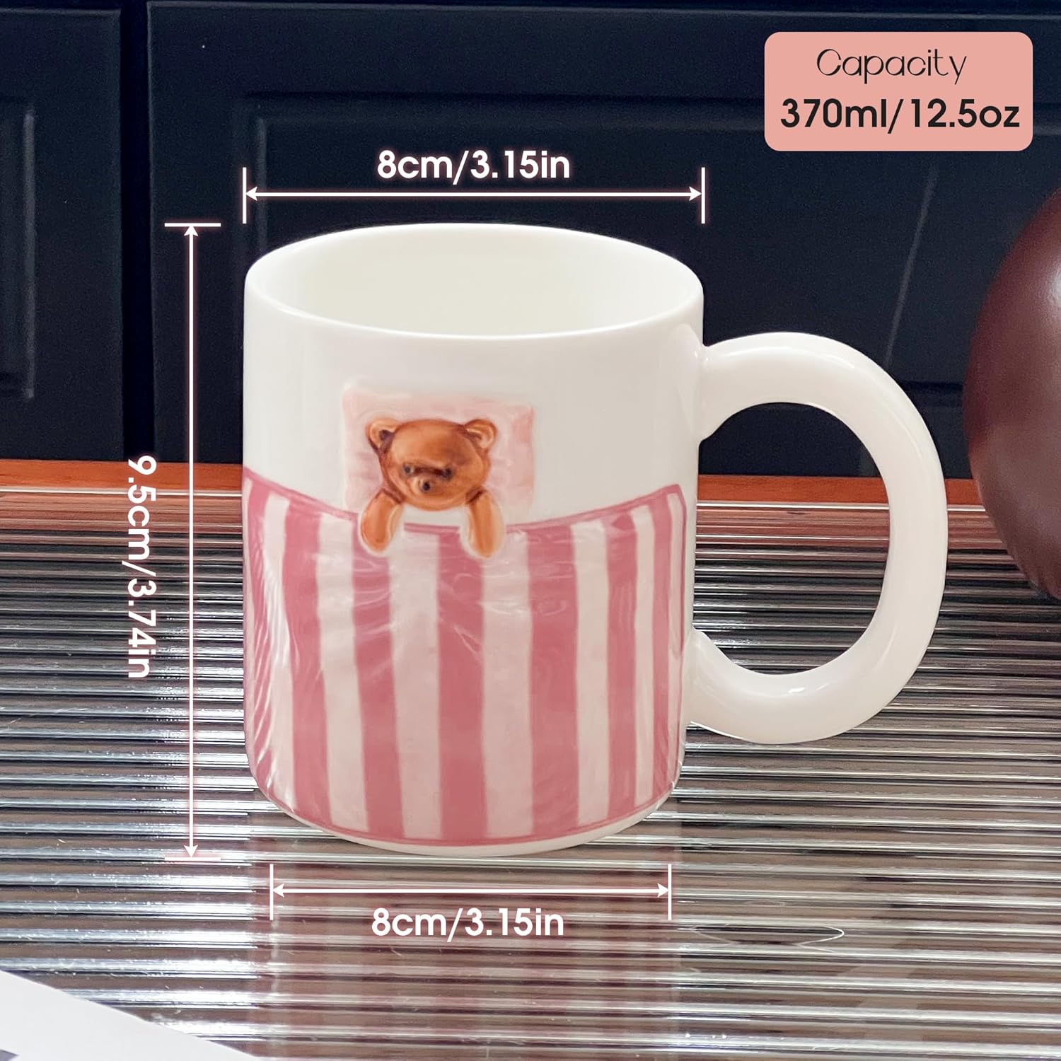 Cute Pink Mug with 3D Cartoon Bear, 12oz Handmade Ceramic Coffee Mugs for Women Girls, Novelty Porcelain Cups for Office & Home