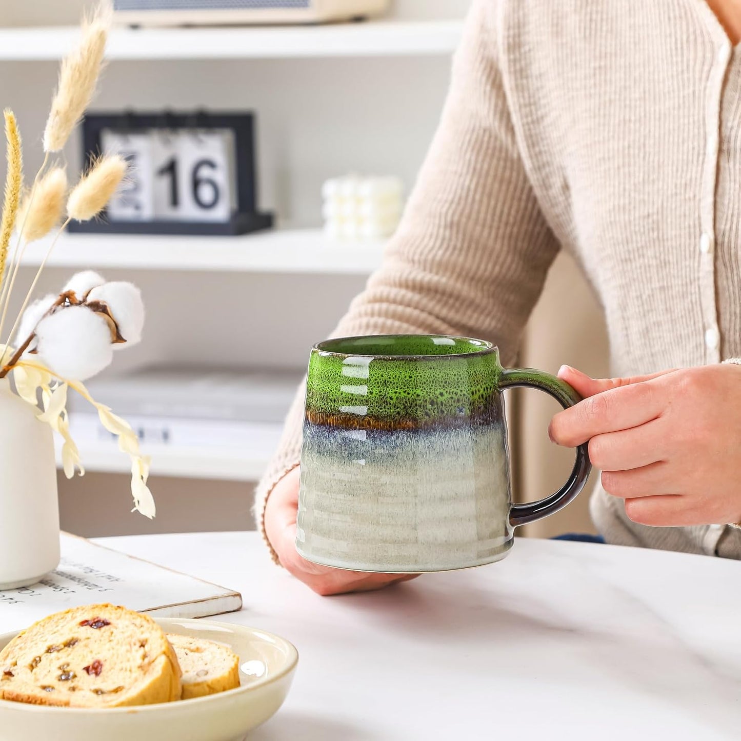 Large Ceramic Coffee Mug, Handmade Pottery Mugs, Tea Cups with Big Handle for Office and Home, 15.5 oz, Dishwasher and Microwave Safe (Spring Green)