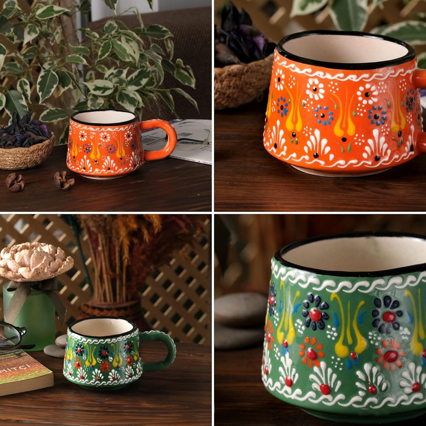 BCS 6 Oz Cappuccino Cups Set of 2, Ceramic Coffee & Tea Mugs, Colorful Handmade Cups, Dishwasher & Microwave Safe Ceramic Mugs (3 Inches, Orange - Green)