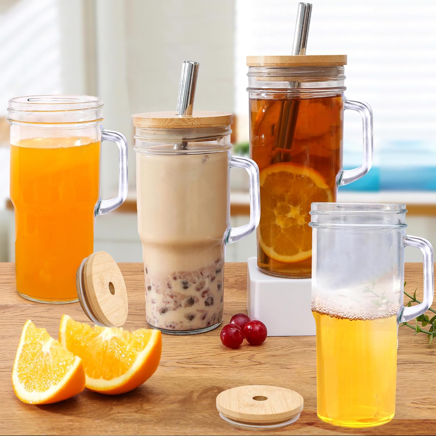 24oz Glass Cups with Lids and Straws - Glass Tumbler cup with bamboo lids and straw iced coffee cup