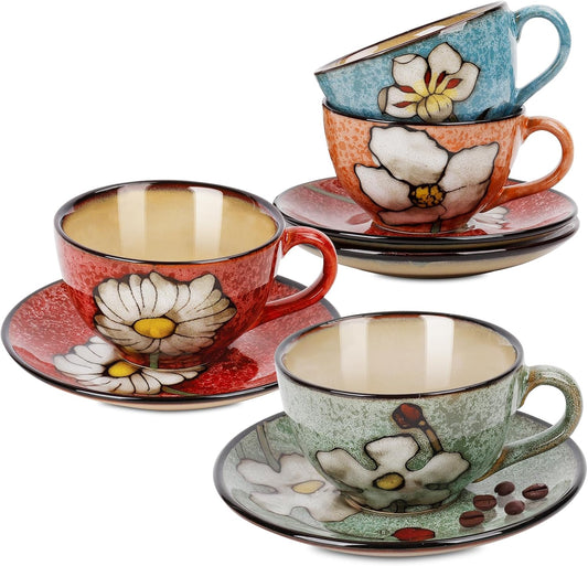 Cappuccino Cups Set of 4, 8 Oz Ceramic Coffee Cups with Saucers for Espresso, Tea, Latte – Hand-Painted Porcelain Underglaze Design