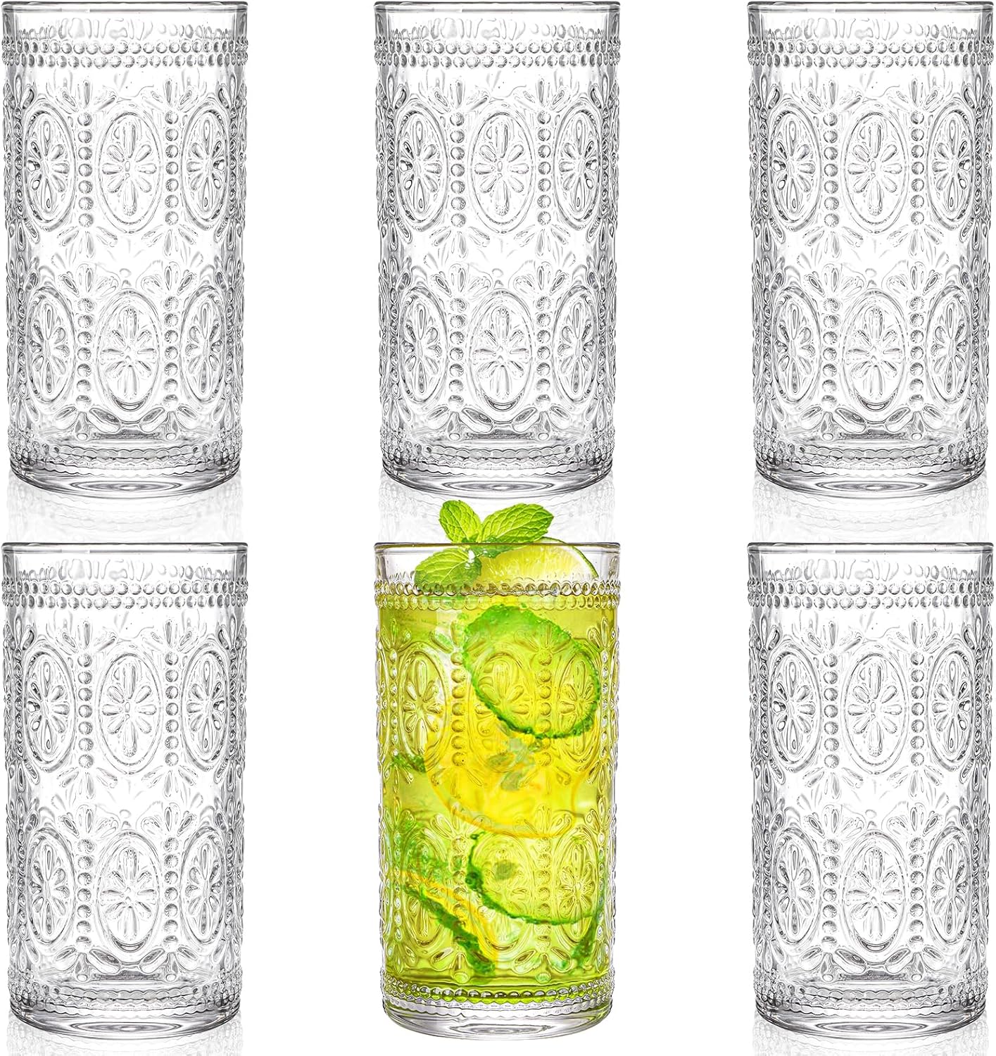 Bekith 6 Pack 12 oz Romantic Water Glasses, Premium Drinking Glasses Tumblers for Beverages, Beer, Refreshments, Vintage Glassware Set for Dinner Parties, Bars, Restaurants