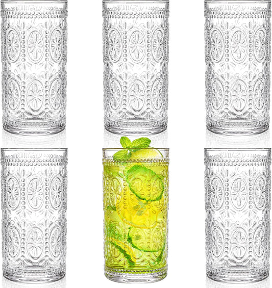 Bekith 6 Pack 12 oz Romantic Water Glasses, Premium Drinking Glasses Tumblers for Beverages, Beer, Refreshments, Vintage Glassware Set for Dinner Parties, Bars, Restaurants