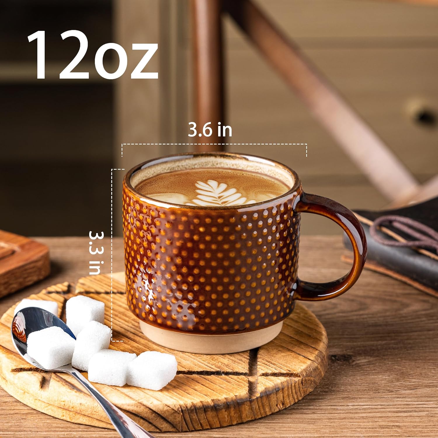 GBHOME 12 OZ Stackable Coffee Mugs, Ceramic Coffee Cups with Texture Patterns for Man,Woman,Dad,Mom, Modern Mugs Set of 4 for Latte/Cappuccino/Cocoa. Dishwasher&Microwave Safe