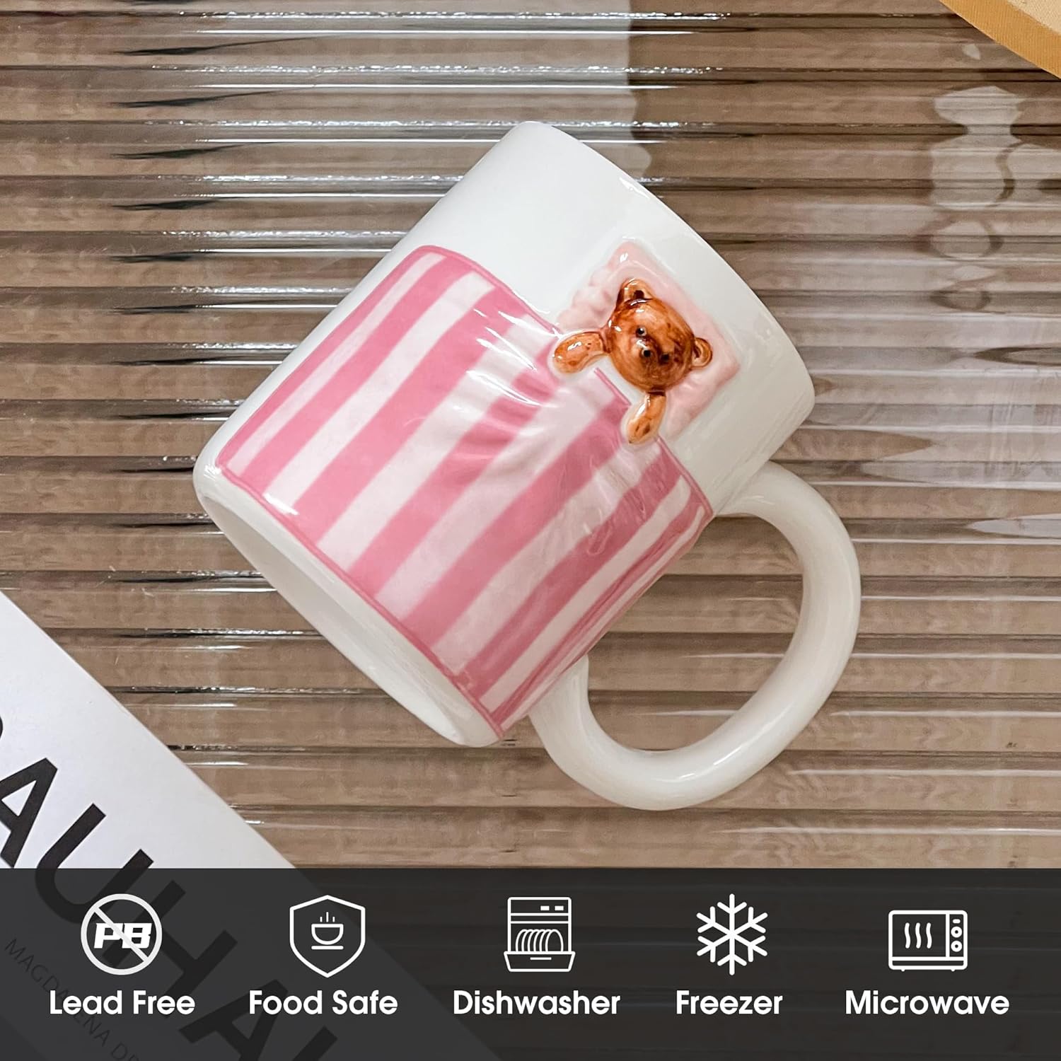 Cute Pink Mug with 3D Cartoon Bear, 12oz Handmade Ceramic Coffee Mugs for Women Girls, Novelty Porcelain Cups for Office & Home