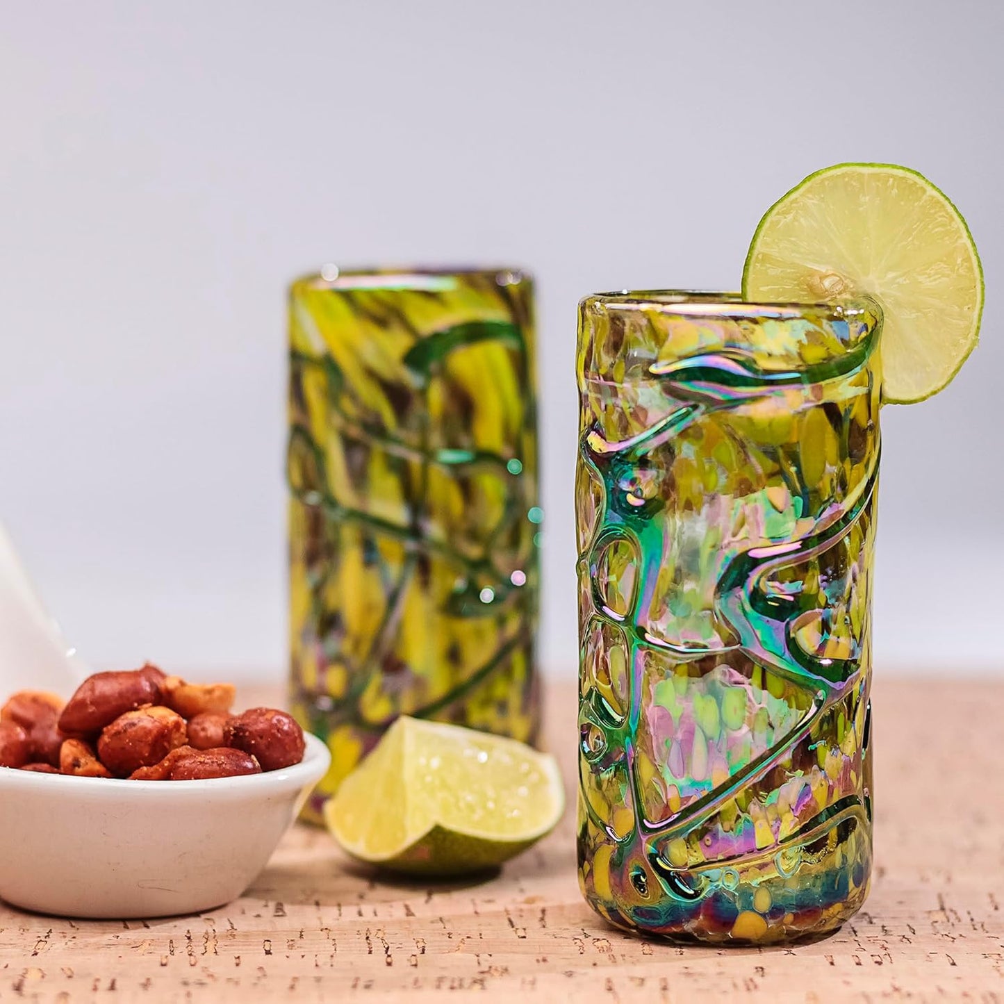 Specialty Mexican Tequila Glasses, Hand-Blown with Unique Color & Texture Set of 4 pieces - Confetti (Golden Glow)