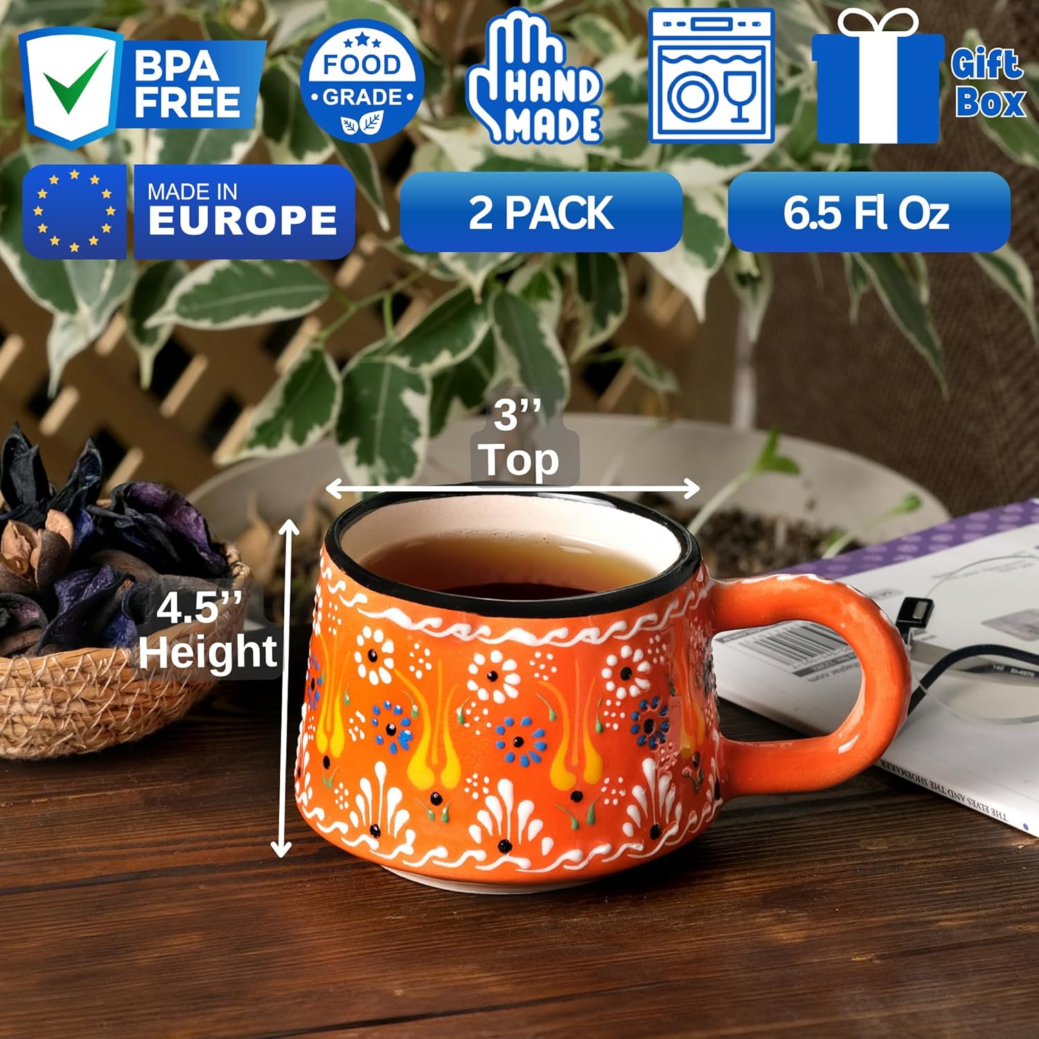 BCS 6 Oz Cappuccino Cups Set of 2, Ceramic Coffee & Tea Mugs, Colorful Handmade Cups, Dishwasher & Microwave Safe Ceramic Mugs (3 Inches, Orange - Green)