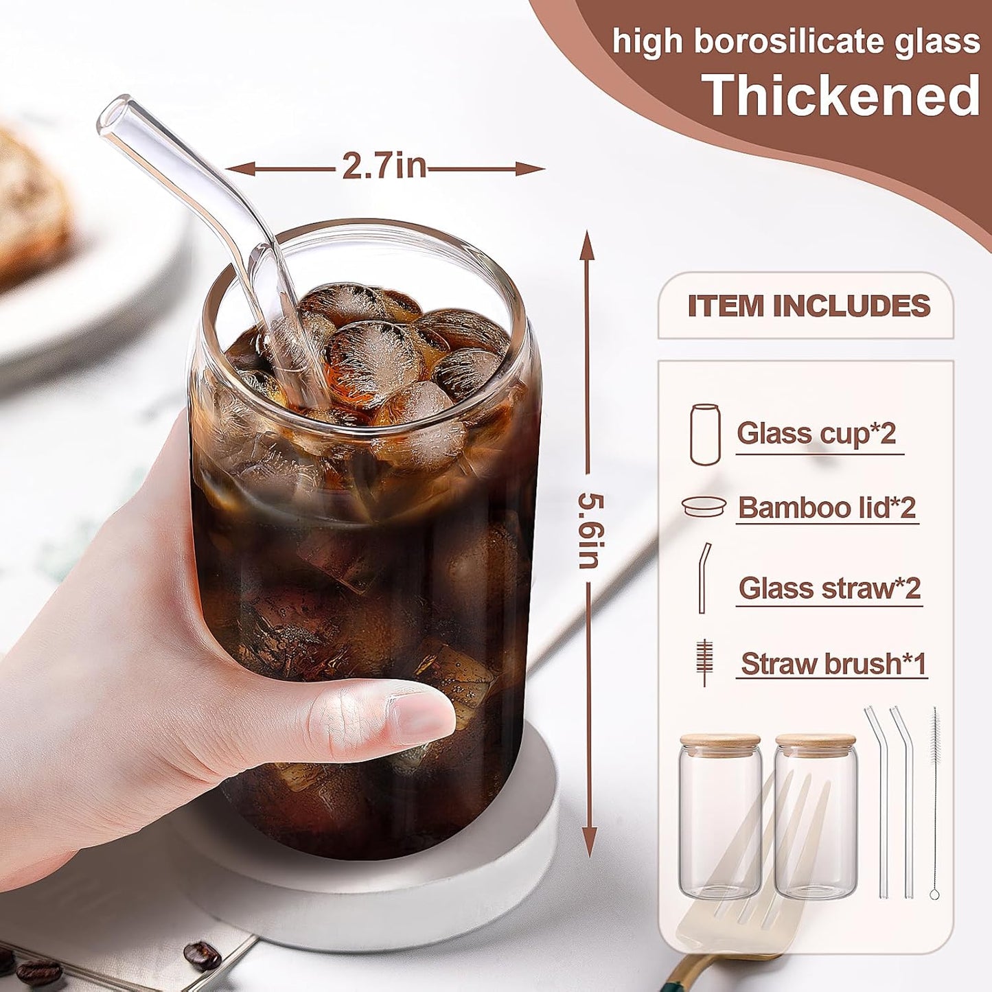 DWTS DANWEITESI Iced Coffee Cups with Lids 2 pcs,16 oz Glass Cups with Lids and Straws as Coffee Bar Accessories,Beer Drinking Glasses,Reusable Glass Tumbler,Cute Coffee Cups for Coffee, Juice, Gifts
