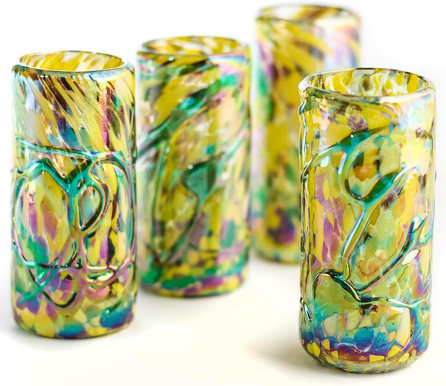 Specialty Mexican Tequila Glasses, Hand-Blown with Unique Color & Texture Set of 4 pieces - Confetti (Golden Glow)