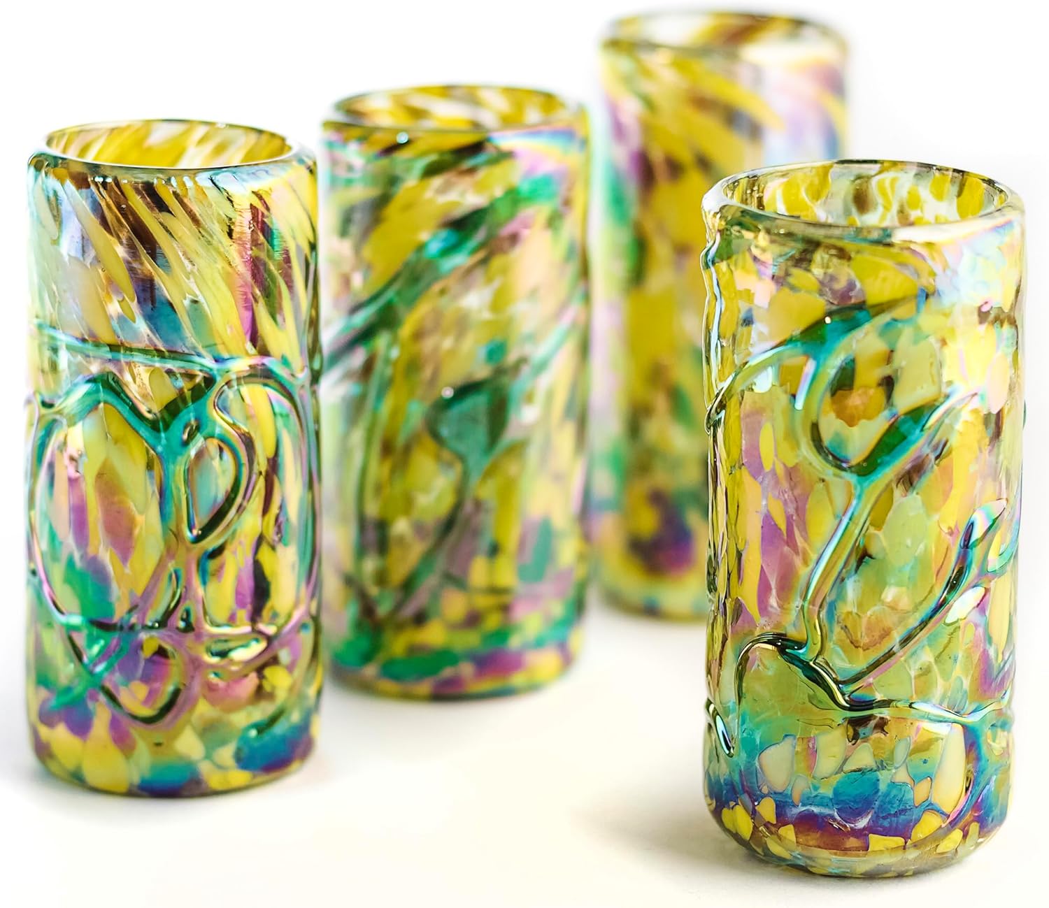 Specialty Mexican Tequila Glasses, Hand-Blown with Unique Color & Texture Set of 4 pieces - Confetti (Golden Glow)