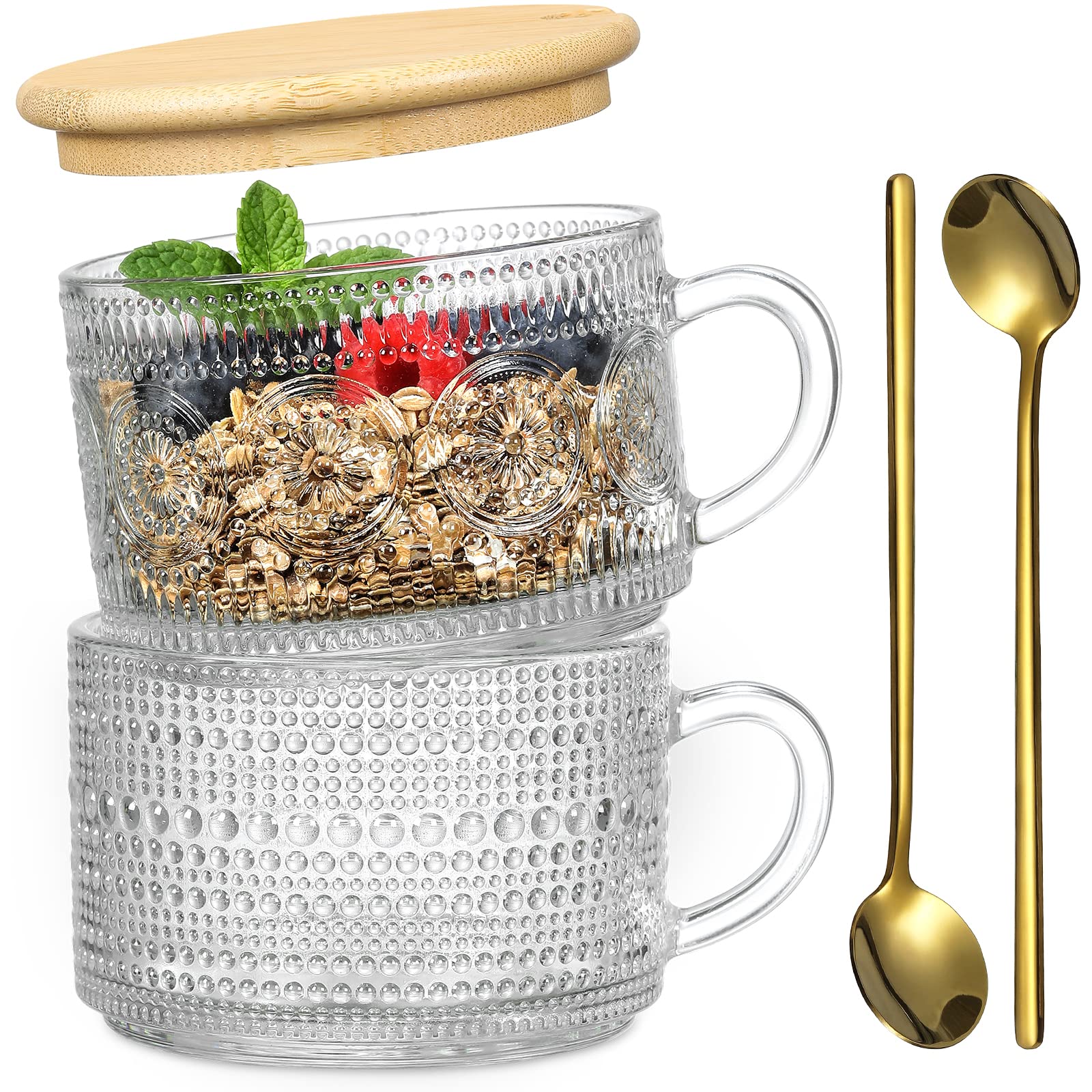 4pcs Set Vintage Coffee Mugs gifts for women, Overnight Oats Containers with Bamboo Lids and Spoons - 14oz Clear Embossed Glass Cups, Cute Coffee Bar Accessories, Iced Coffee Glasses