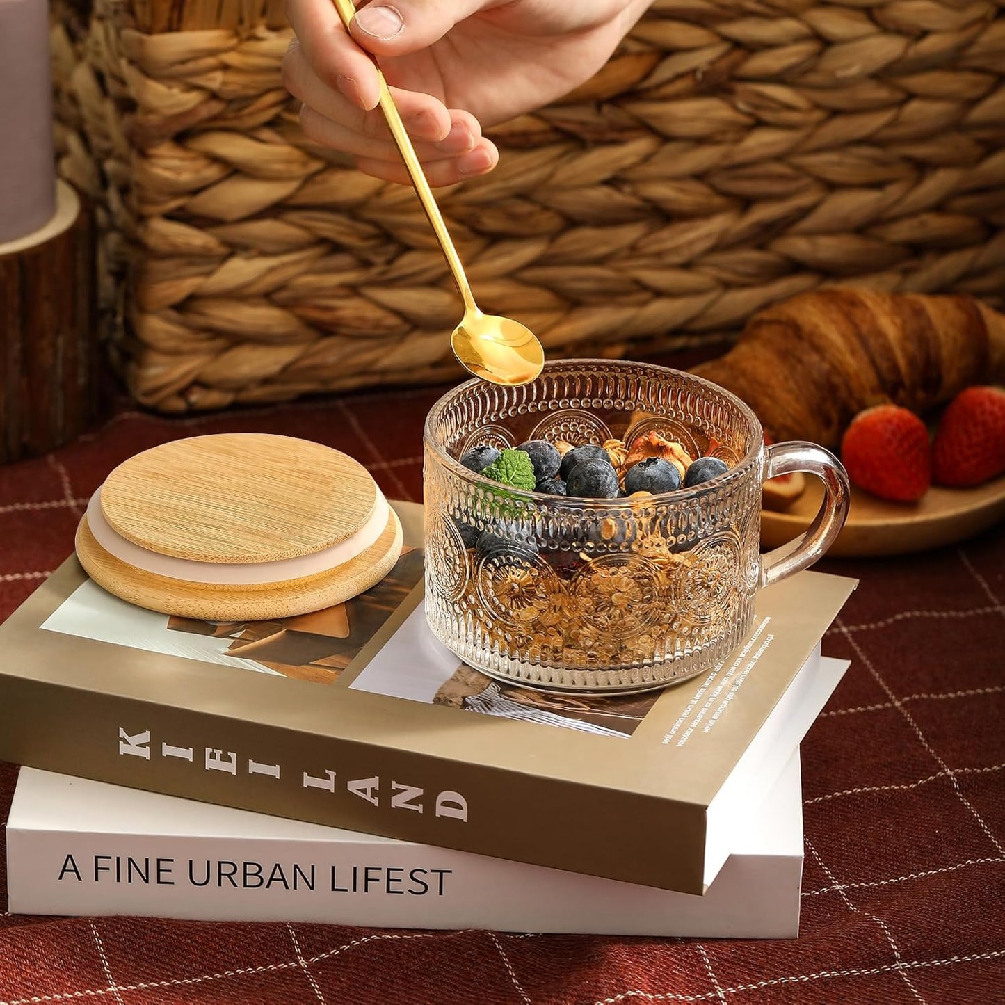 4pcs Set Vintage Coffee Mugs gifts for women, Overnight Oats Containers with Bamboo Lids and Spoons - 14oz Clear Embossed Glass Cups, Cute Coffee Bar Accessories, Iced Coffee Glasses