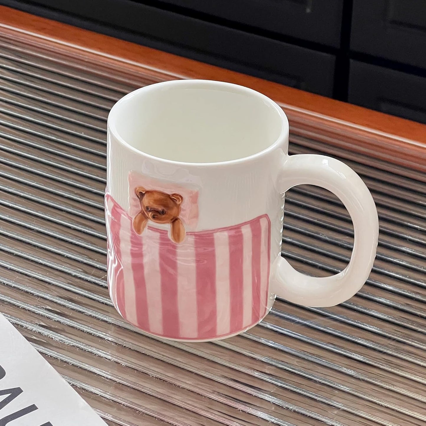 Cute Pink Mug with 3D Cartoon Bear, 12oz Handmade Ceramic Coffee Mugs for Women Girls, Novelty Porcelain Cups for Office & Home