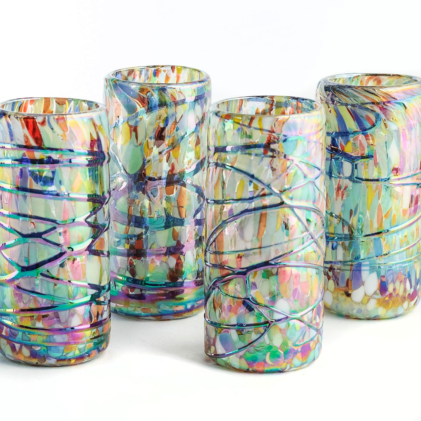Specialty Mexican Tequila Glasses, Hand-Blown with Unique Color & Texture Set of 4 pieces - Confetti (Golden Glow)