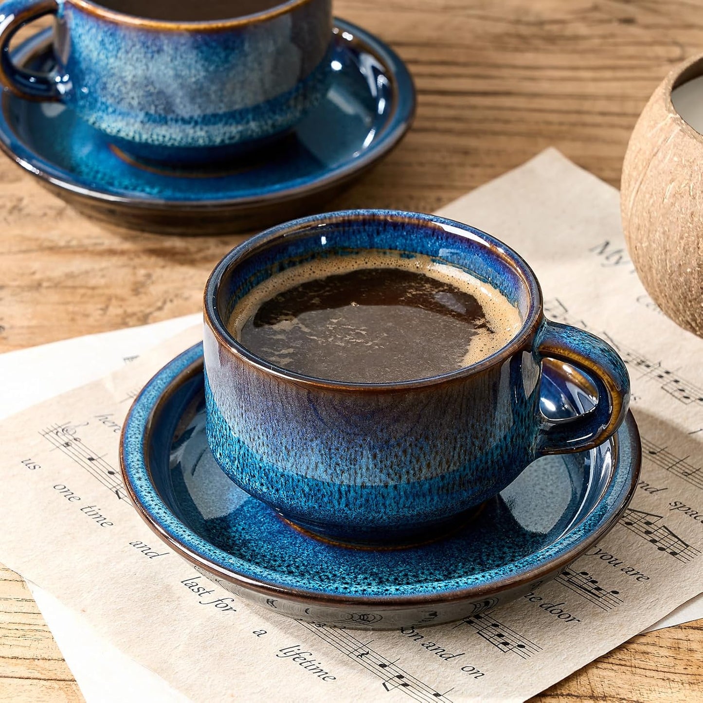 JIEMEI HOME Porcelain Stackable Cappuccino Cups with Saucers and Metal Stand, 7 Ounce Espresso Cups for Latte Coffee Cafe, Specialty Coffee Drinks, Cappuccino and Tea - Set of 4, Deep Blue