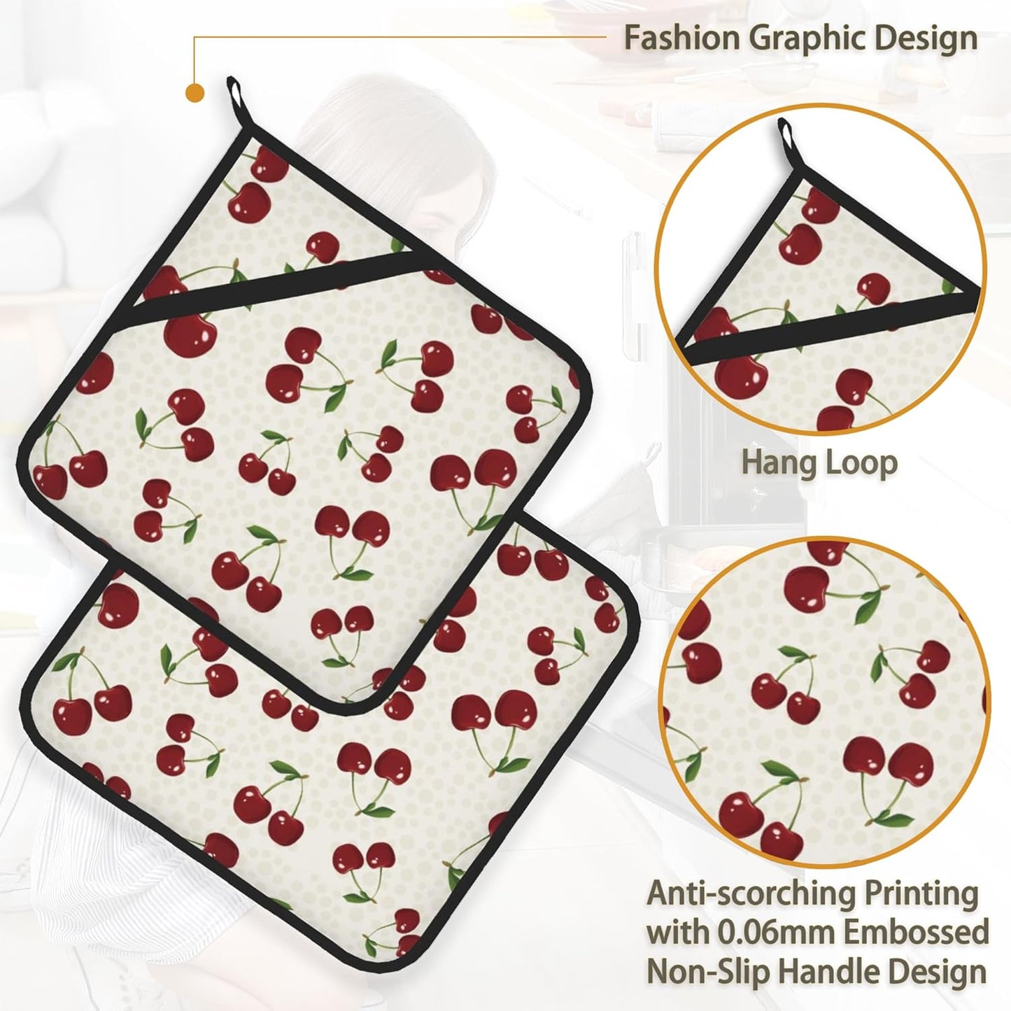 Cherry Berries Pot Holder Set of 2,Heat Resistant Potholders Oven Hot Pads for Kitchen Cooking Baking BBQ