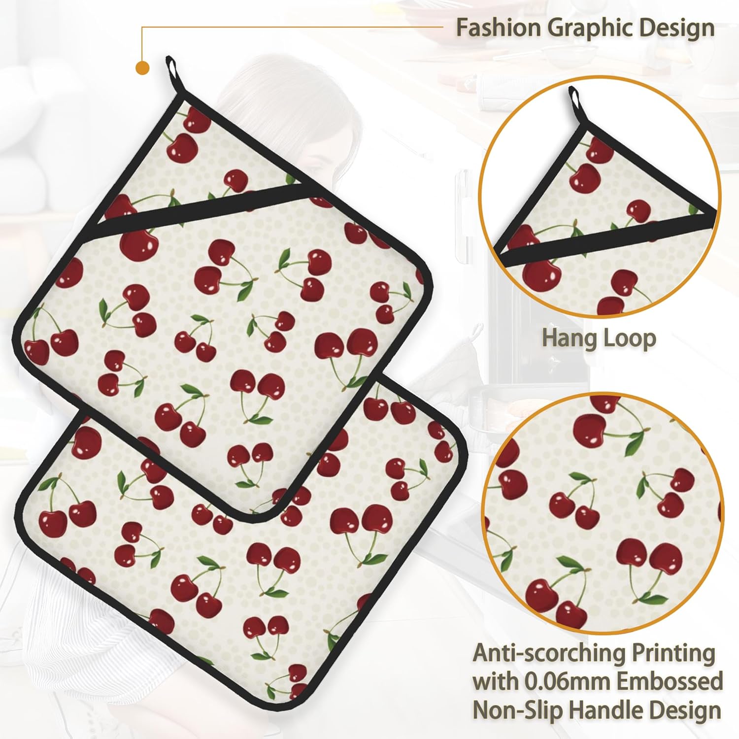 Cherry Berries Pot Holder Set of 2,Heat Resistant Potholders Oven Hot Pads for Kitchen Cooking Baking BBQ