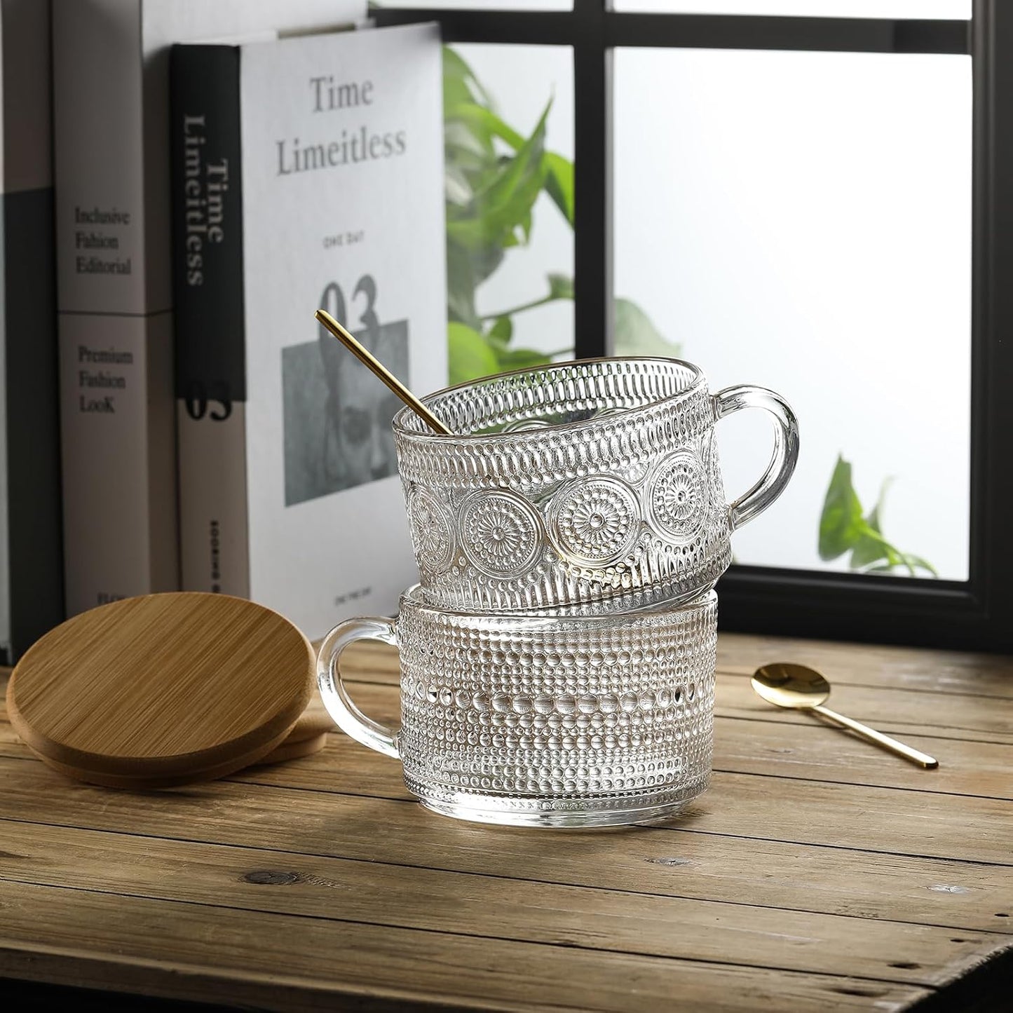 4pcs Set Vintage Coffee Mugs gifts for women, Overnight Oats Containers with Bamboo Lids and Spoons - 14oz Clear Embossed Glass Cups, Cute Coffee Bar Accessories, Iced Coffee Glasses