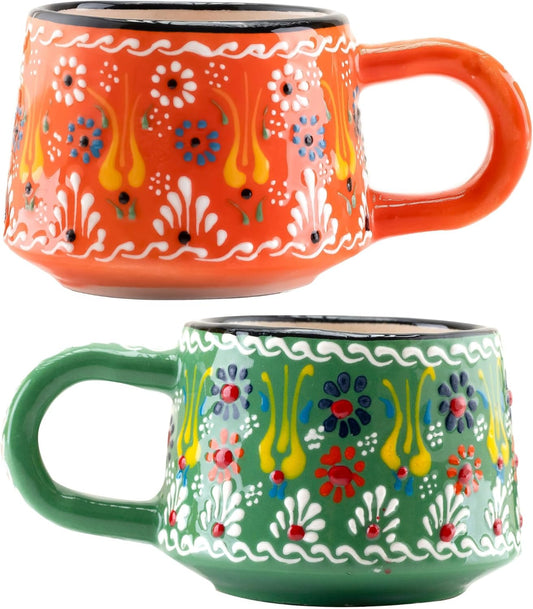 BCS 6 Oz Cappuccino Cups Set of 2, Ceramic Coffee & Tea Mugs, Colorful Handmade Cups, Dishwasher & Microwave Safe Ceramic Mugs (3 Inches, Orange - Green)